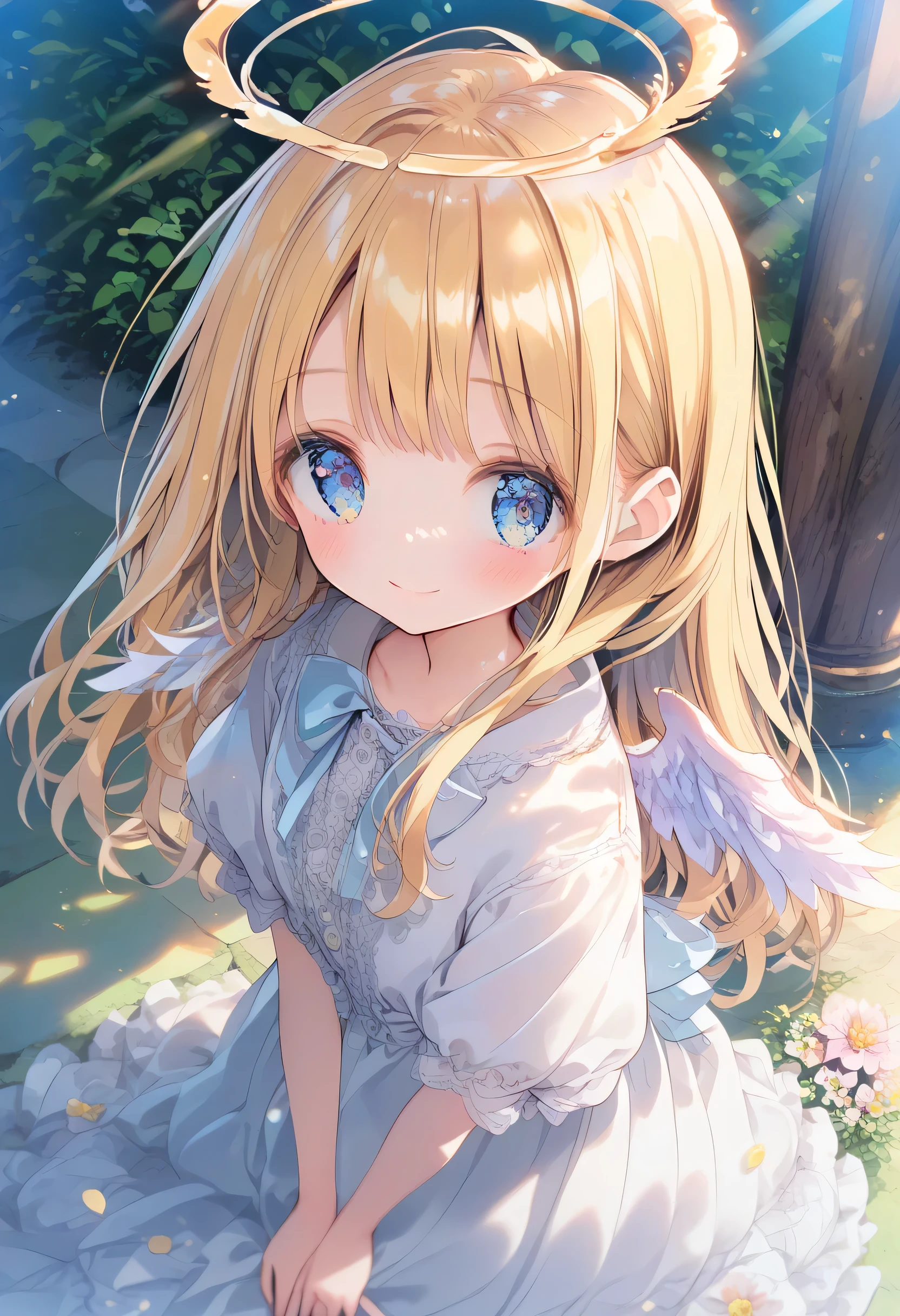 [   WAI-ANI-NSFW-PONYXL  :100],
score_9, score_8_up, score_7_up, score_6_up, score_5_up, score_4_up, masterpiece, best quality, source_anime,
alone,cute 1girl,(loli),blonde hair,straight long hair,blunt bangs,halo,blue eyes,blush, smile,(Angel clothes), ,pastel hues,,blurred edges,nostalgic mood,(dappled sunlight:1.2),blurry,(depth of field:1.1),Delicate rural landscape ,blue sky,arched back、 beautiful flower field on one side 、Look down and smile、 lift skirt after 、(beautiful detailed eyes), (fly high above the clouds:1.6),