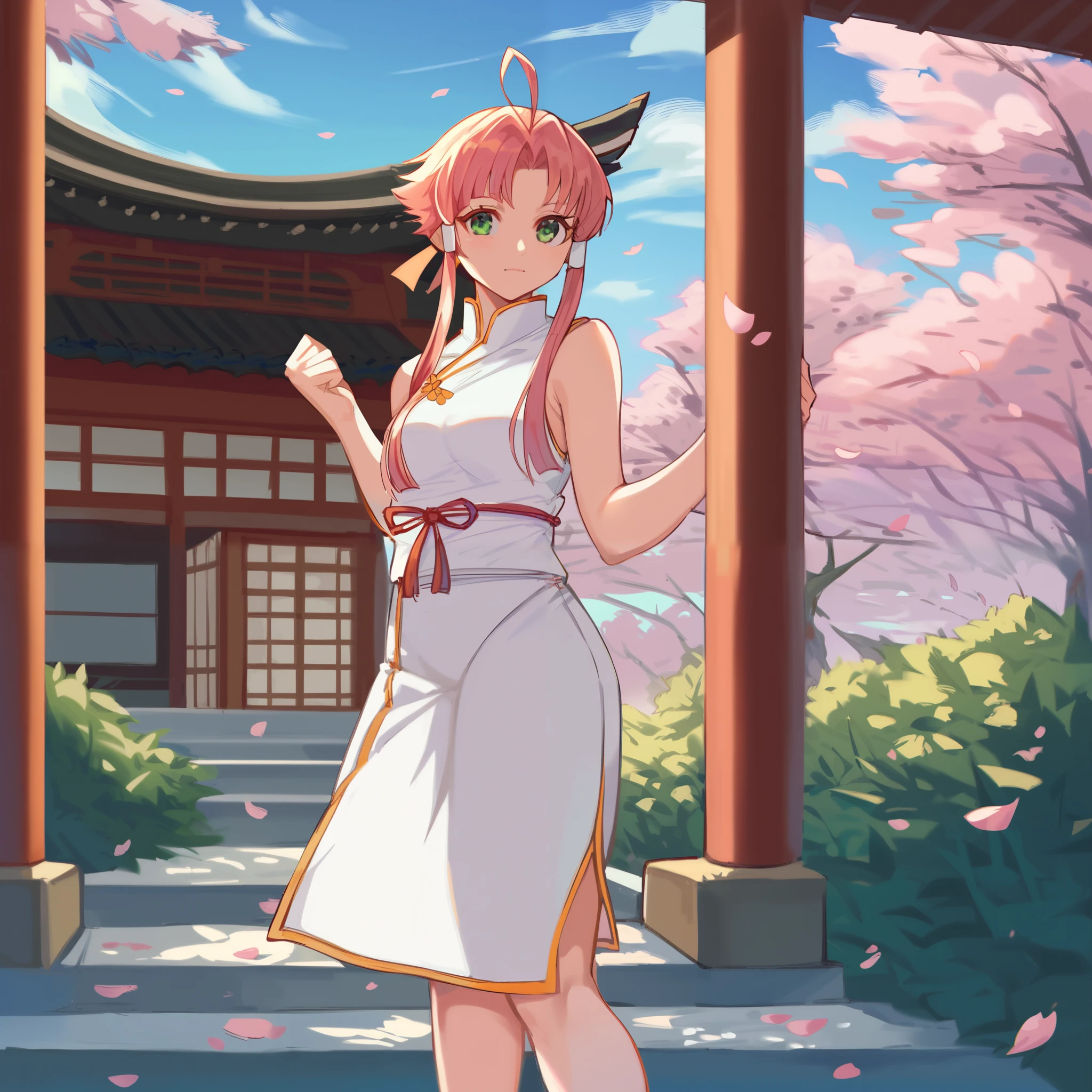 score_9, score_8_up, score_7_up,1girl, mizunashiakari, pink hair, short hair with long locks, green eyes, perfect beautiful face, extremely detailed face, long eyelashes, extremely detailed feet, white cheongsam, white hing heels, (outdoors, day, blue sky, japanese garden, sakura petals) / standing in kung fu pose