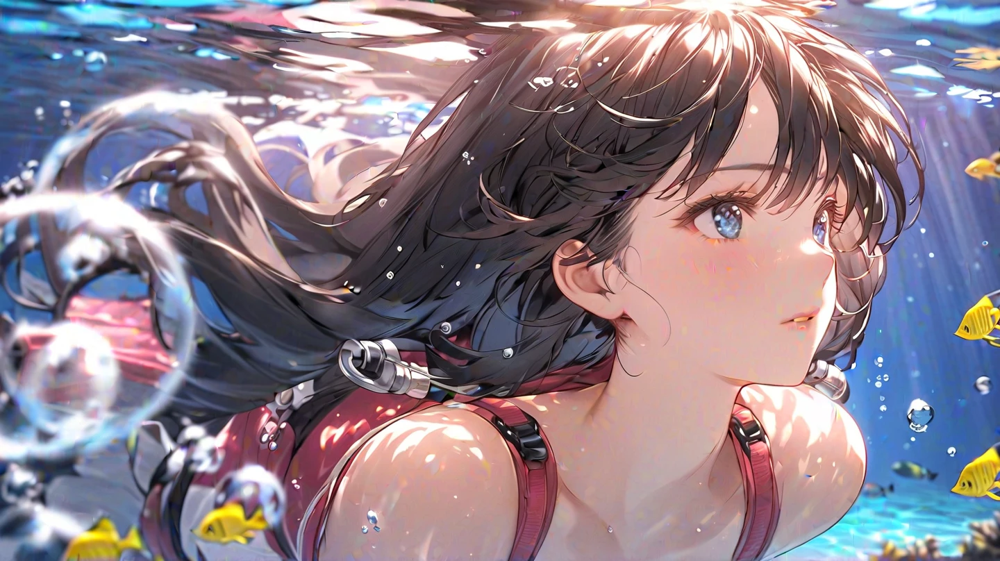 8K,gal,an extremely delicate and beautiful,Beautiful and realistic skin,Shiny jewel-like earrings,Long colorful hair,beautiful eyes,full body,head to toe,beautiful regs,black bikini,diving,sea