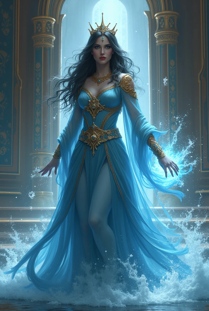 "A mesmerizing portrayal of a radiant water goddess inspired by Greek mythology, with her flowing blue robes and ethereal presence."