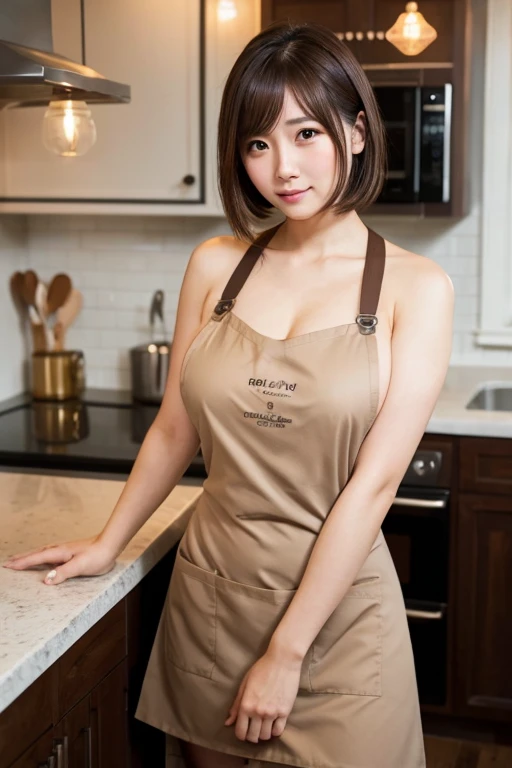 ((highest quality、8K、masterpiece:1.3))、1 Beautiful Japan Girls、Beautiful woman with slender abs:1.3、(medium short hair、big breasts:1.2)、(white naked apron:1.3)、highly detailed face、detailed eye、double eyelid、Cafe background、leaning forward、put your hands on your knees、The left hand is tucked inside the skirt、so beautiful、Japan Slim Gravure Idol、