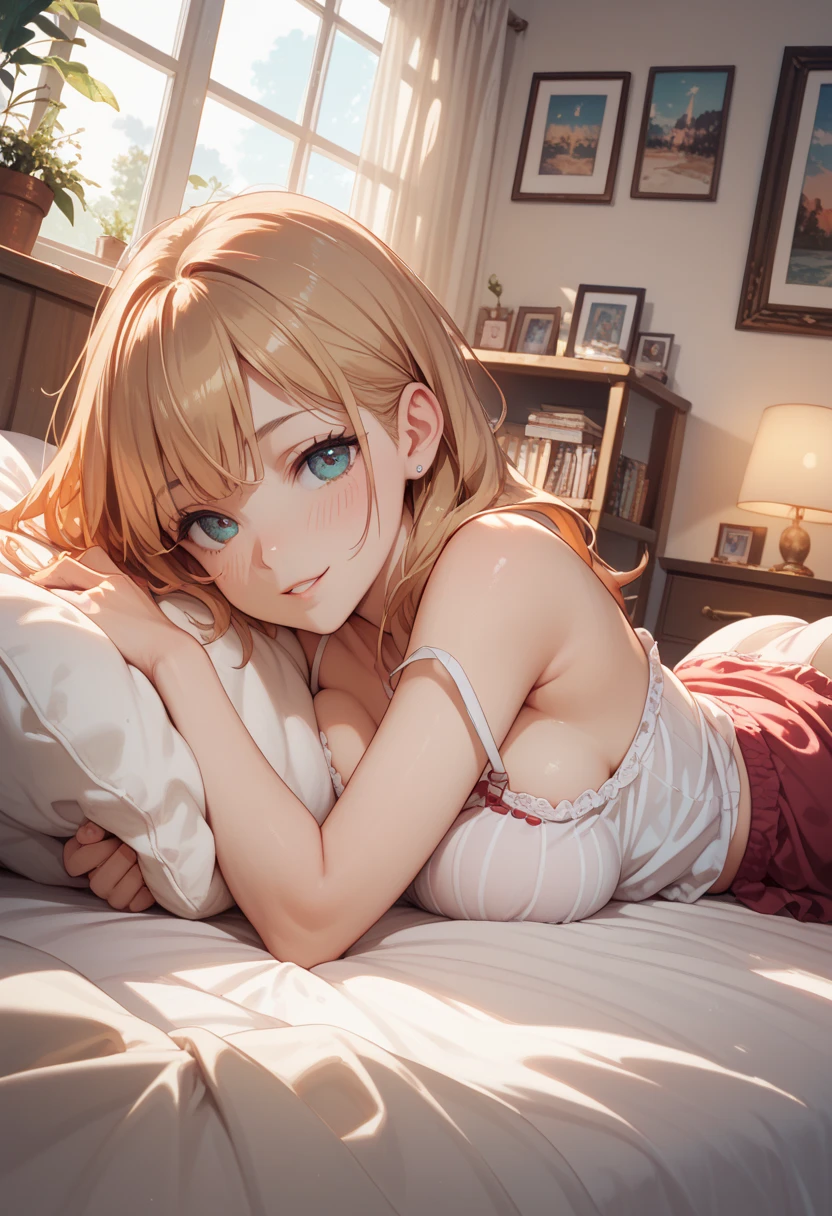 Little blonde girl with big bright eyes soft smile open mouth with tongue out lying on bed in transparent pajamas long straight hair her bare chest kneeling 2d animated illustration