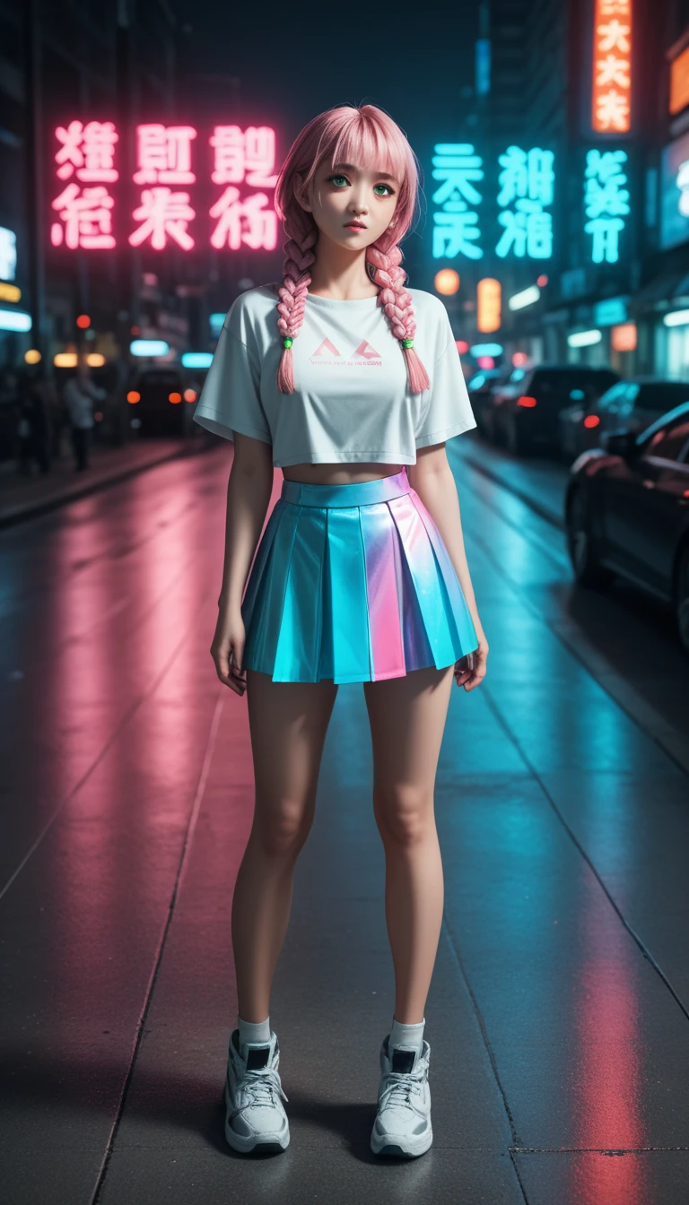             A pretty girl         ,    Japanese      , with healthy appearance ,  The expression would be     , Bold pose,                detailed embroidery          ,              high quality, 8k,                realistic photo             ,               dramatic lighting           ,                vivid colors               ,(               masterpiece               ,                 top quality               ,  :1.2),  (                         cyberpunk urban scene illuminated by neon lights                         ), (Alone:1.4), (                 Elegant and cool              ),                Bright neon details                :1.3), (     sexy expression     :1.1) ,                 Confident and relaxed poses                  :1.3),   holographic clothing for outdoor use                 , (               dynamic lighting          ,           Mitsuri Kanroji is a young woman with bright green eyes,          She has long pink hair mixed with neon green paint          ,           wearing three thick braids and five shorter locks falling over her nose like fringes.           Big breasts          ,         full body photo    ,       sexy full body clothes  ,   tight clothes, short skirt,.
