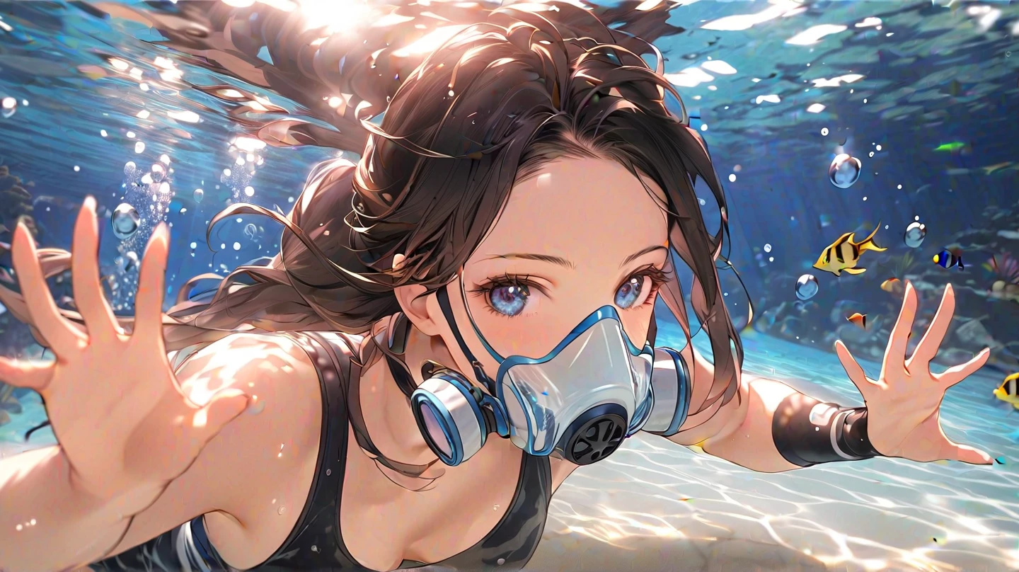 scubagea, diving mask, bikini, diving goggles, scuba tank, action pose, best quality, masterpiece, 5 fingers, 1girl, swimming