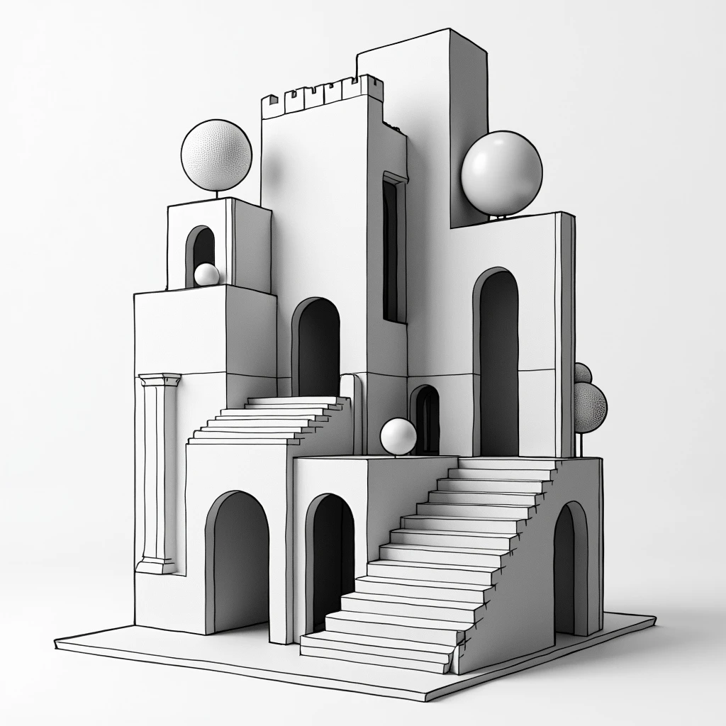 Transform a 2D architectural sketch into a black-and-white 3D collage. The final image should feature abstract and architectural elements like arches, facades, columns, and geometric shapes such as spheres and textured blocks. Use a layered, cut-out effect to create depth, and emphasize clean lines and minimalism. Maintain a monochromatic color scheme to highlight the contrast and artistic style. Ensure the original sketch’s details are preserved and integrated into the composition in a modern and creative way.