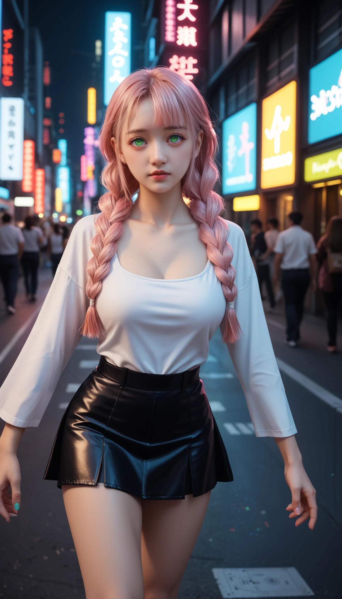 A pretty girl , Japanese , with healthy appearance , The expression would be , Bold pose, detailed embroidery , high quality, 8k, realistic photo , dramatic lighting , vivid colors ,( masterpiece , top quality , :1.2), ( cyberpunk urban scene illuminated by neon lights ), (Alone:1.4), ( Elegant and cool ), Bright neon details :1.3), ( sexy expression :1.1) , Confident and relaxed poses :1.3), holographic clothing for outdoor use , ( dynamic lighting , Mitsuri Kanroji is a young woman with bright green eyes, She has long pink hair mixed with neon green paint , wearing three thick braids and five shorter locks falling over her nose like fringes. Big breasts , full body photo , sexy full body clothes , tight clothes, short skirt,.