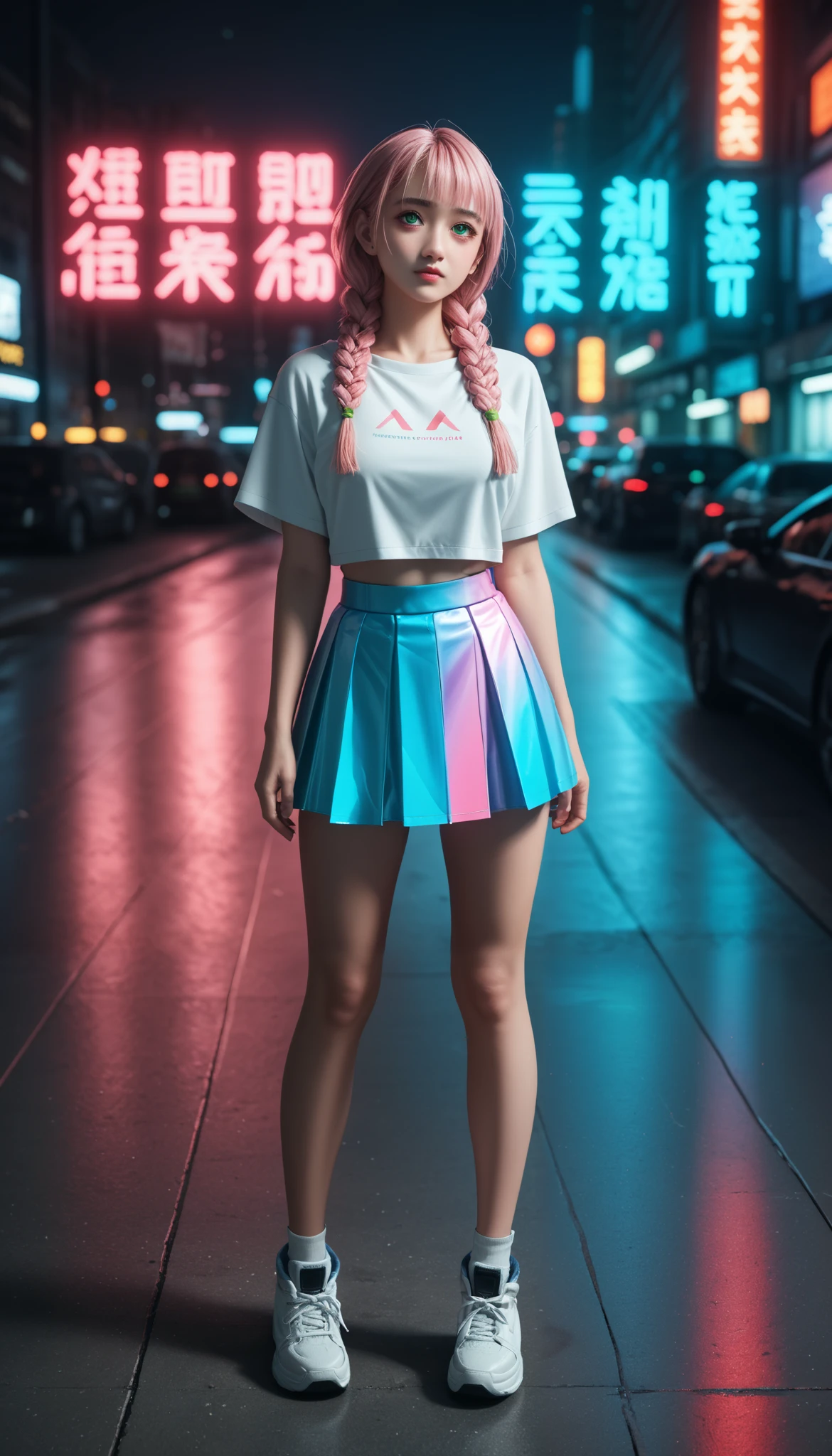             A pretty girl         ,    Japanese      , with healthy appearance ,  The expression would be     , Bold pose,                detailed embroidery          ,              high quality, 8k,                realistic photo             ,               dramatic lighting           ,                vivid colors               ,(               masterpiece               ,                 top quality               ,  :1.2),  (                         cyberpunk urban scene illuminated by neon lights                         ), (Alone:1.4), (                 Elegant and cool              ),                Bright neon details                :1.3), (     sexy expression     :1.1) ,                 Confident and relaxed poses                  :1.3),   holographic clothing for outdoor use                 , (               dynamic lighting          ,           Mitsuri Kanroji is a young woman with bright green eyes,          She has long pink hair mixed with neon green paint          ,           wearing three thick braids and five shorter locks falling over her nose like fringes.           Big breasts          ,         full body photo    ,       sexy full body clothes  ,   tight clothes, short skirt,.
