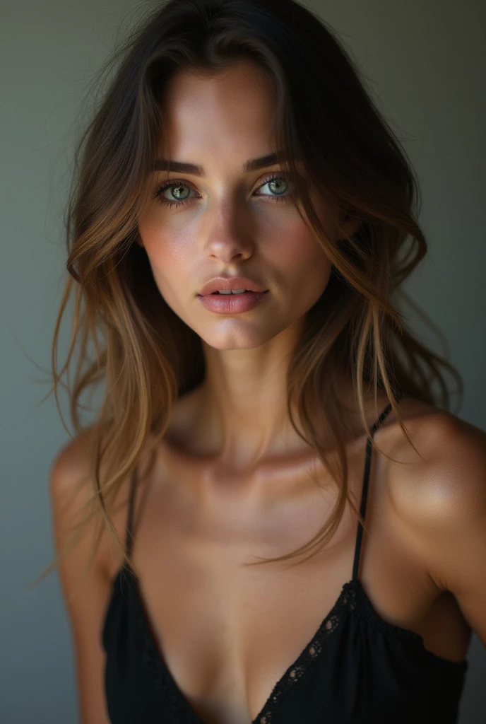 White women, Dark blonde hair, oval face, black bikini