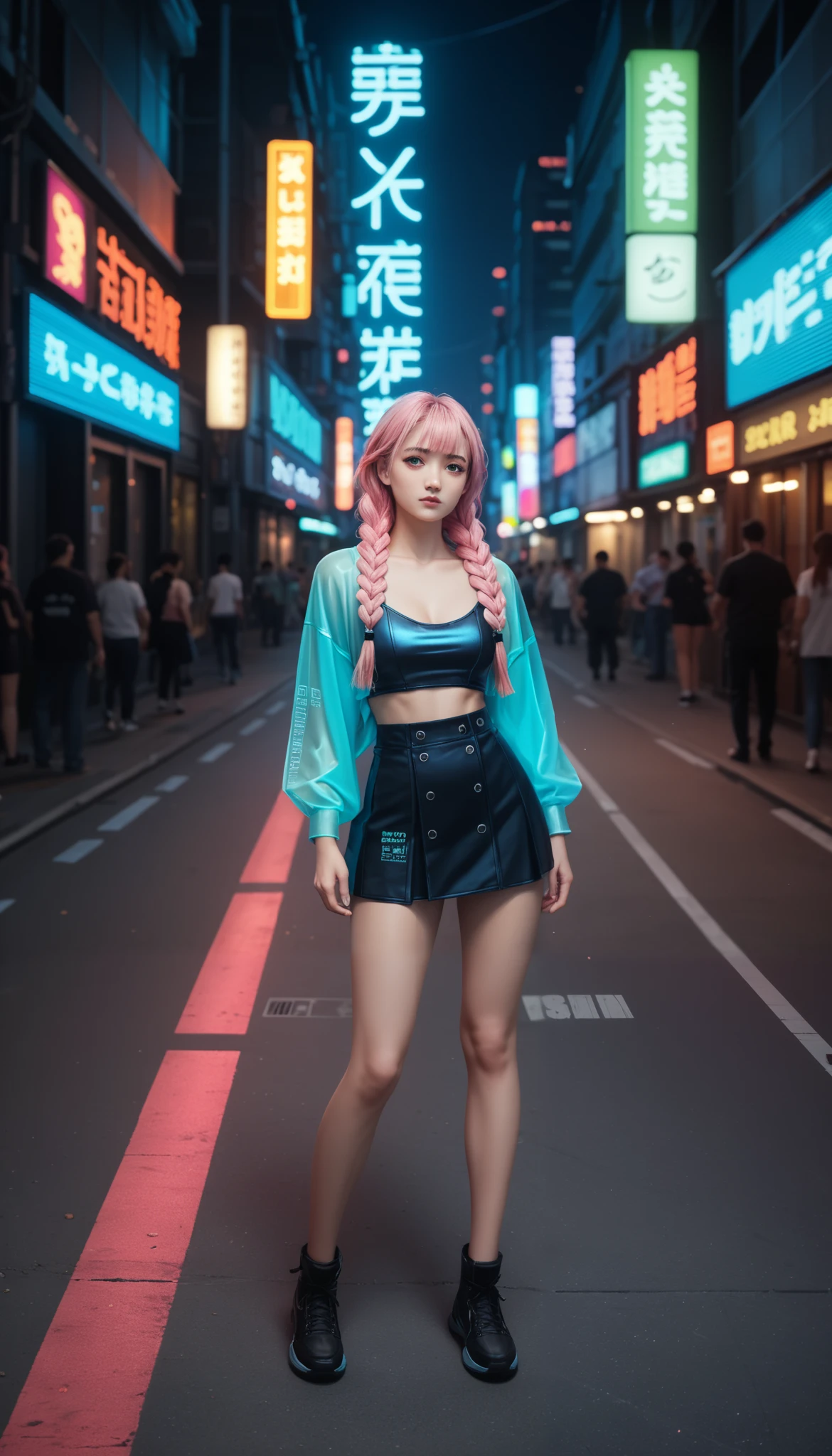             A pretty girl         ,    Japanese      , with healthy appearance ,  The expression would be     , Bold pose,                detailed embroidery          ,              high quality, 8k,                realistic photo             ,               dramatic lighting           ,                vivid colors               ,(               masterpiece               ,                 top quality               ,  :1.2),  (                         cyberpunk urban scene illuminated by neon lights                         ), (Alone:1.4), (                 Elegant and cool              ),                Bright neon details                :1.3), (     sexy expression     :1.1) ,                 Confident and relaxed poses                  :1.3),   holographic clothing for outdoor use                 , (               dynamic lighting          ,           Mitsuri Kanroji is a young woman with bright green eyes,          She has long pink hair mixed with neon green paint          ,           wearing three thick braids and five shorter locks falling over her nose like fringes.           Big breasts          ,         full body photo    ,       sexy full body clothes  ,   tight clothes, short skirt,.
