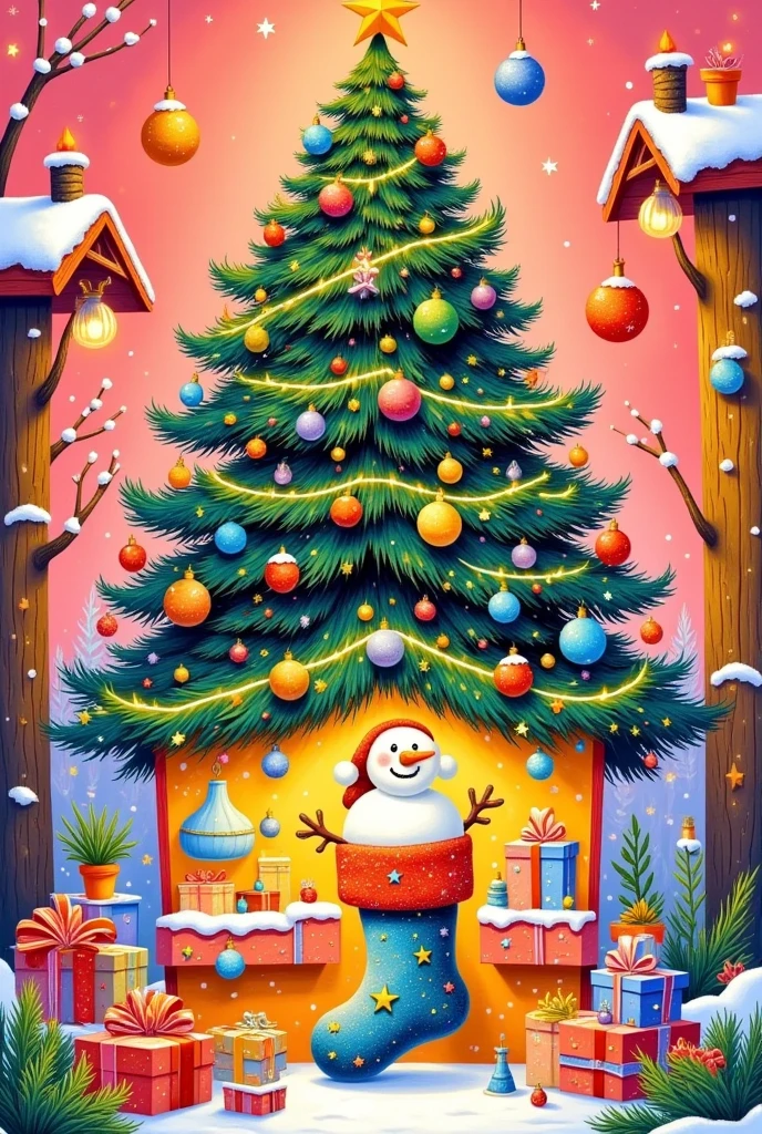 A colorful Christmas stocking and an adorable snowman placed inside a christmas tree on a surface covered with snow. The christmas tree is adorned with a bright red bow,adding a splash of vivid color to the scene. The background is a soft red,creating a warm and festive atmosphere. High quality,high resolution,photorealistic,detailed,vibrant colors,winter holiday theme,cheerful,cozy,artistic representation.