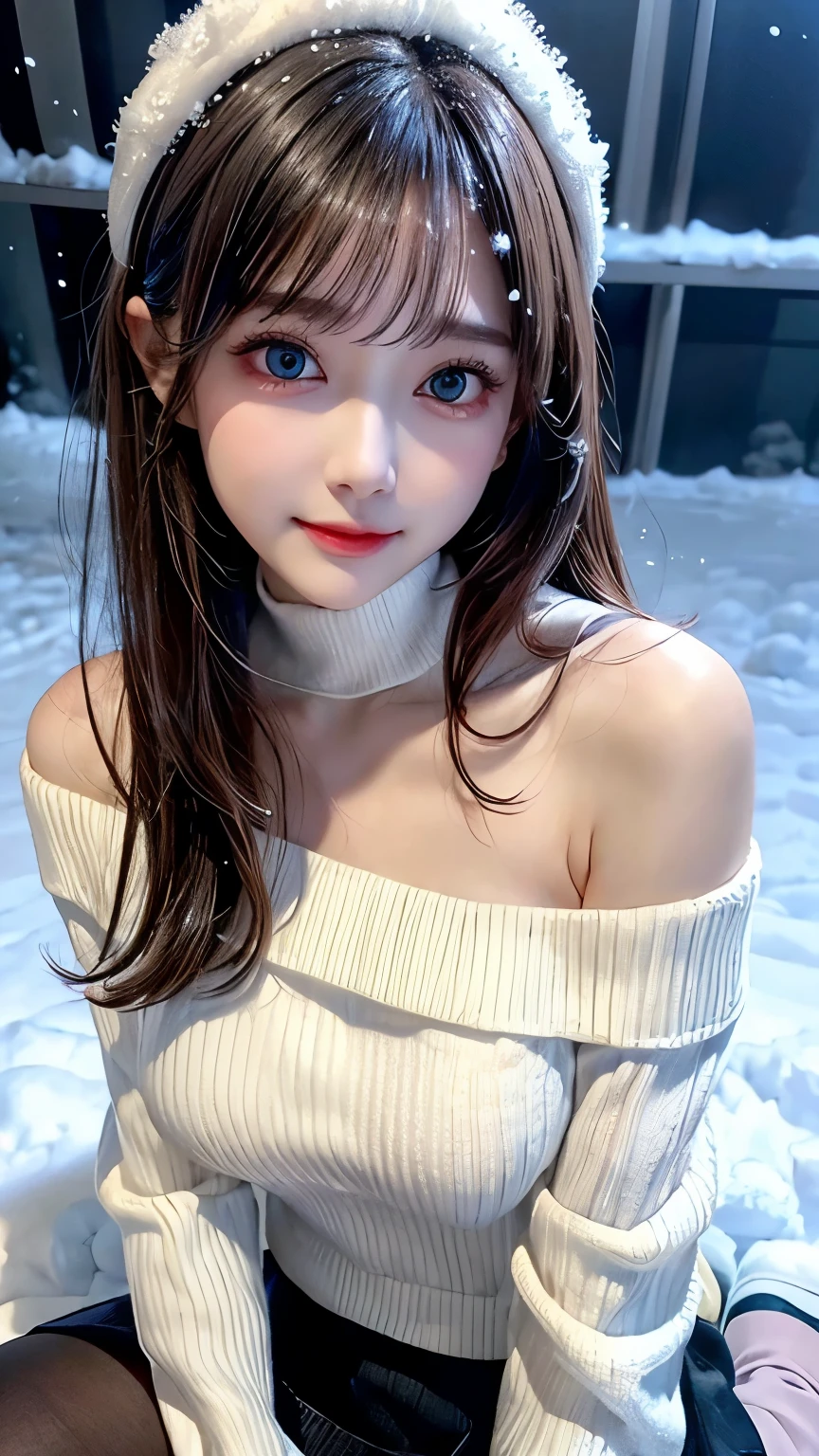 (RAW shooting:1.2)、(Photorealsitic:1.4)、(​masterpiece:1.3)、(top-quality:1.4)、(Beautiful woman with perfect body:1.4)、Japan Young Women、(kawaii:1.2)、(FULL BODYSHOT)、(huge breasts:1.3)、beauty breast、(Slender and beautiful girl)、(Sexy model pose with protruding breasts:1.3)、dream-like、(beautifully detailed eyes)、(charming big eyes)、(beautiful double eyelid)、(beautiful and detailed face)、(high ponytail long hair:1.3)、cute little、oblique bangs、Look at viewers、(snow mountains、snowscape:1.3)、Snow flickers、bokeh、(left arm behind head), (white and indigo sheer dress), 