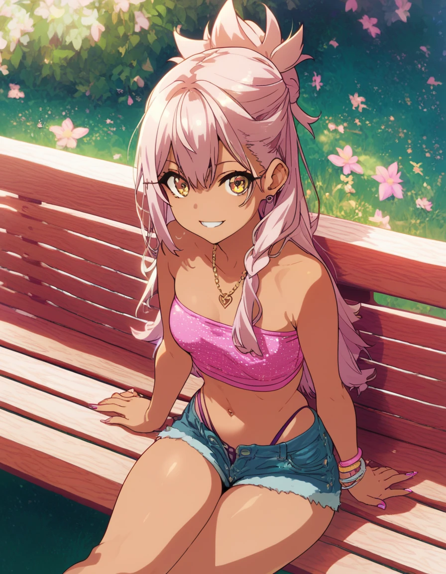 1girl,solo,smile,outdoor,midriff, pink tube top, denim hotpants, open fly, beld, gyaru clothes, thighighs,sitting,bench, chloe,dark_skinned_female,dark_skin,long_hair,pink_hair,yellow_eyes,hair_between_eyes,white_hair,bangs,small_breasts,,half_updo,one_side_up, young girl, **li, (takeda hiromitsu), slender waist, nice hips, slut