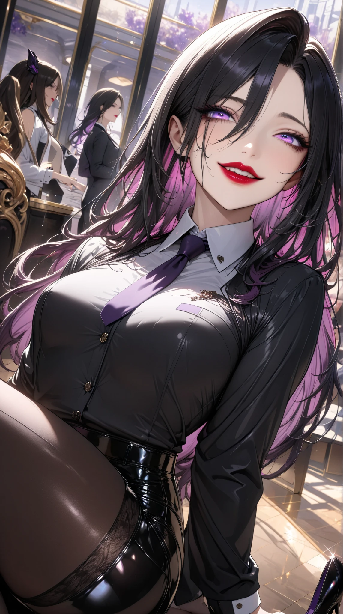 standing at 5'9", with an hourglass figure accentuated by her form-fitting outfit. She has long, pitch-black hair that cascades down her back like a waterfall and mesmerizing violet eyes. Her pale, almost porcelain-like skin is adorned with subtle makeup, including a touch of blush on her cheeks and soft pink lipstick. Highheels, making her feel even more powerful. In this particular scene, Luna leans against a desk, one hand resting on her hip while she looks directly at the viewer with a mix of confidence and curiosity.