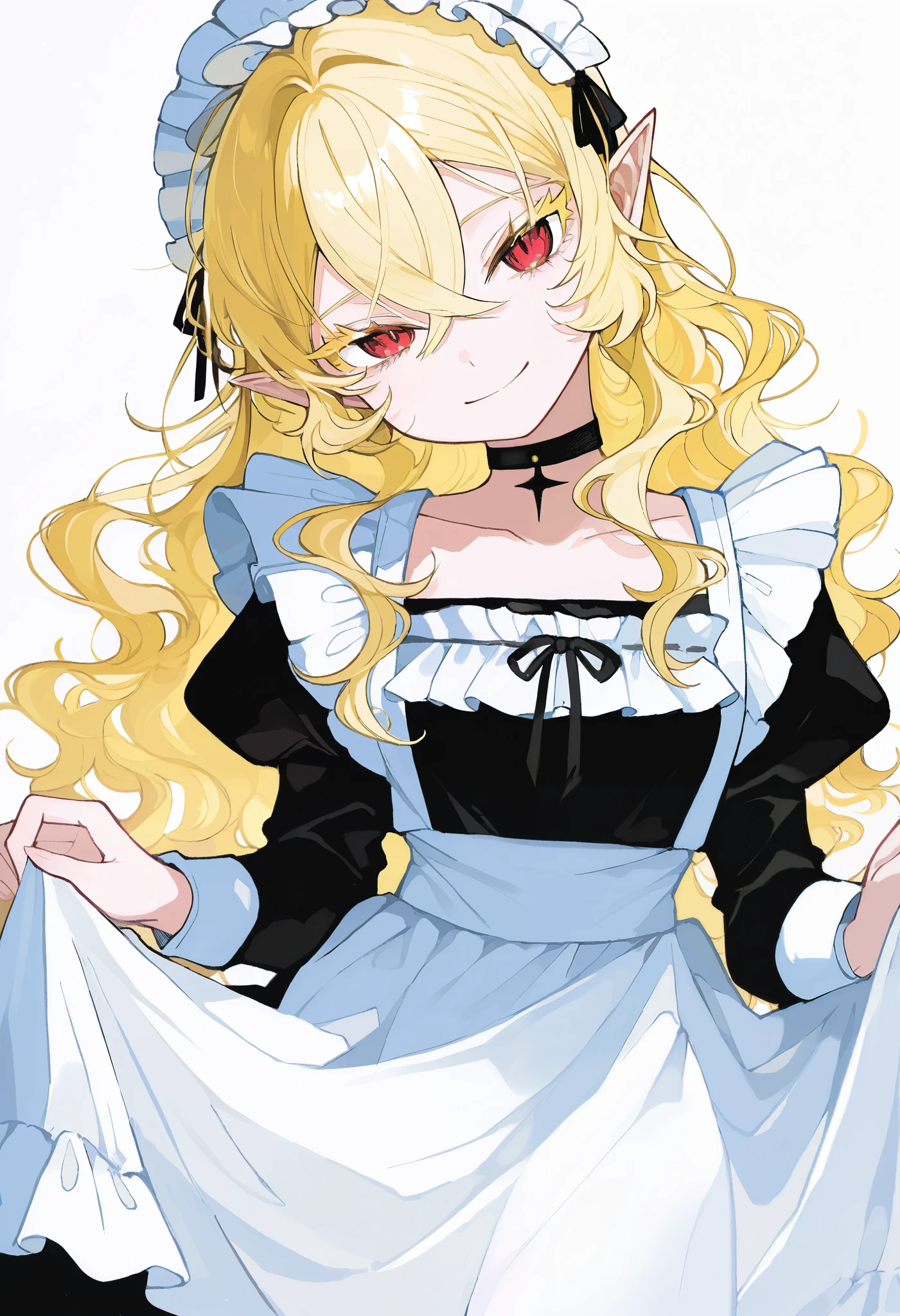 1girl, solo, hatching_\(texture\), blonde hair, wavy hair, crossed bangs, hair between eyes, yellow eyelashes, red eyes, pointy ears, maid, English maid, apron, choker, frills, maid headdress, skirt hold, delicate hands, white pantyhose, neutral, smile, head tilt, serene, beautiful, upper body, sharp focus, looking at viewer, outlines, white background, masterpiece, score_9, score_8_up, score_7_up