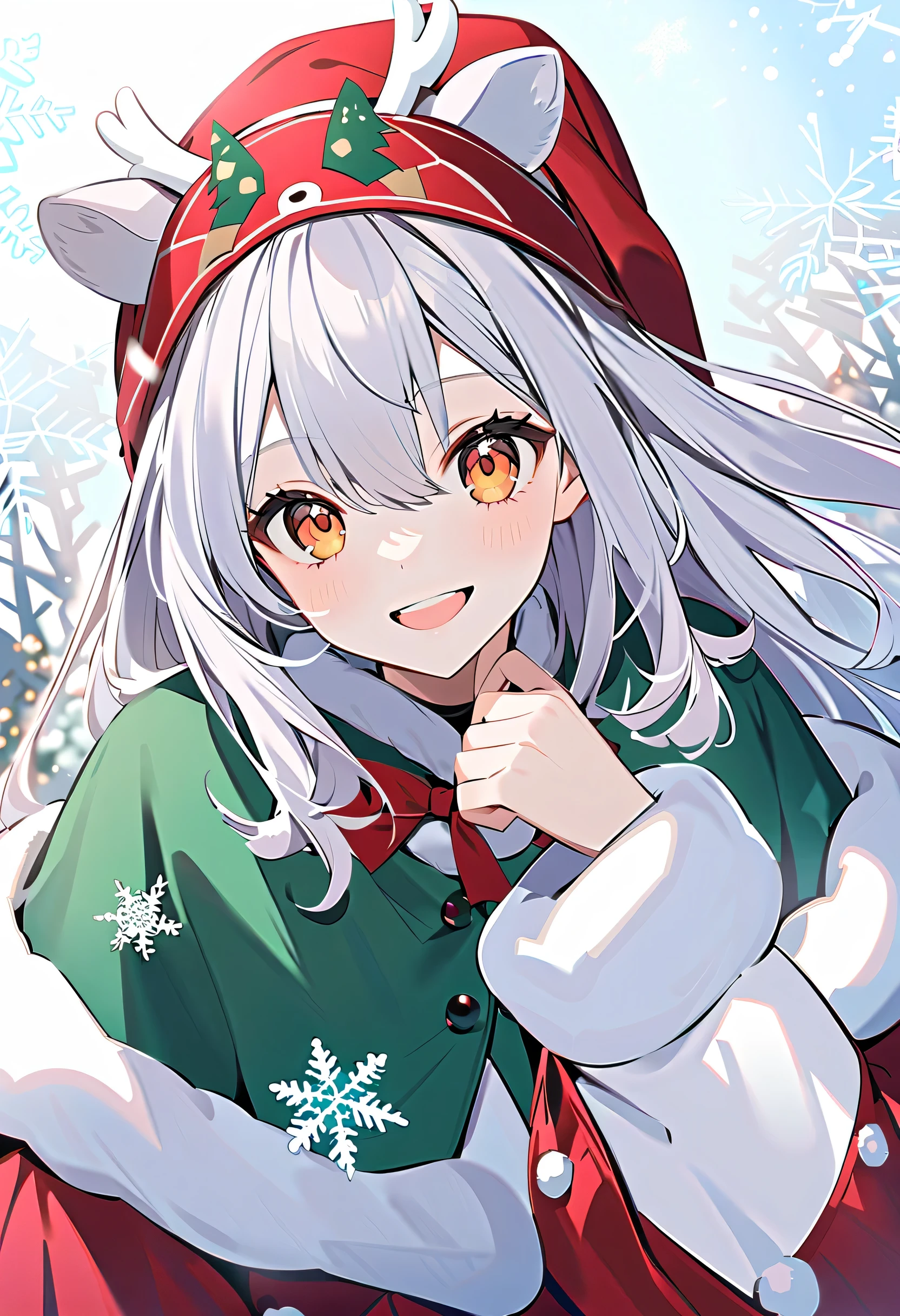 Anime girl with white hair and red hat in snow scene - SeaArt AI