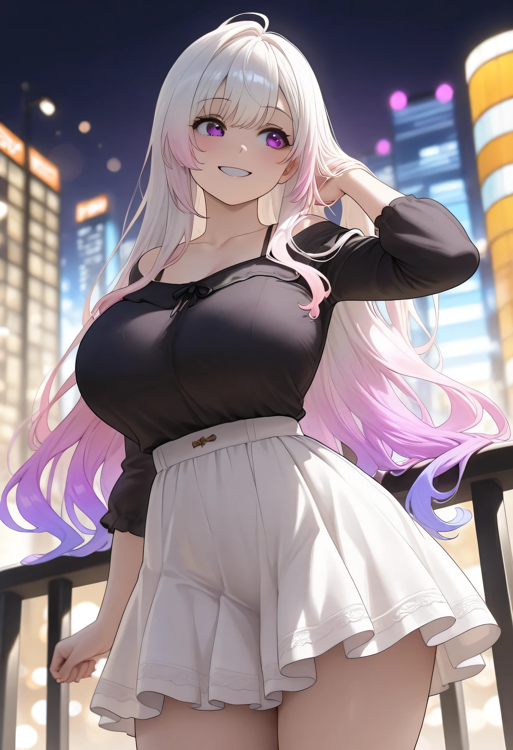 (masterpiece, high resolution, 2k resolution, best quality), cowboy shot, bokeh, slightly low angle, slightly from side, (1girl, perfect anatomy, perfect face), ((gradient hair color+white color:1.4+purple color:1.3), long hair, long layers hairstyle), (purple eyes, perfect eyes), huge breasts, black blouse, bra strap, collarbone, white frilly pleaded skirt, smiling, high place, night, city light at the background