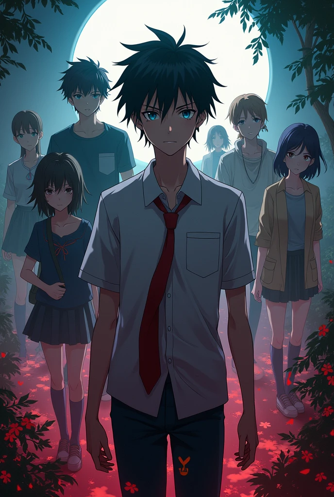 2 adult anime man character with pink hair and beige eyes wearing a brown shirt and black pants in a forest generating sharp annoying bones and white blades, Strong dark blue haired adult male anime character in a forest wearing ordinary clothes, 1 woman of 1.68cm with short brown hair abandoned anime style and young character of  anime man with black hair and black eyes serious with a chainsaw with chains and a 12 meter snake under him, wounded with cuts on the body full body