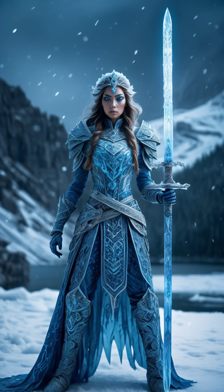 A photo  of  full body shot an Eerie scary face ghost woman in blue armored with intricate pattern,  armored long pants  with intricate pattern, was towering up high her magnificent ice blue ice sword with intricate pattern on the blade and glowing with lights while displaying her sword skill on the frozen lake at snowy mountain while the snow flakes falling down around.