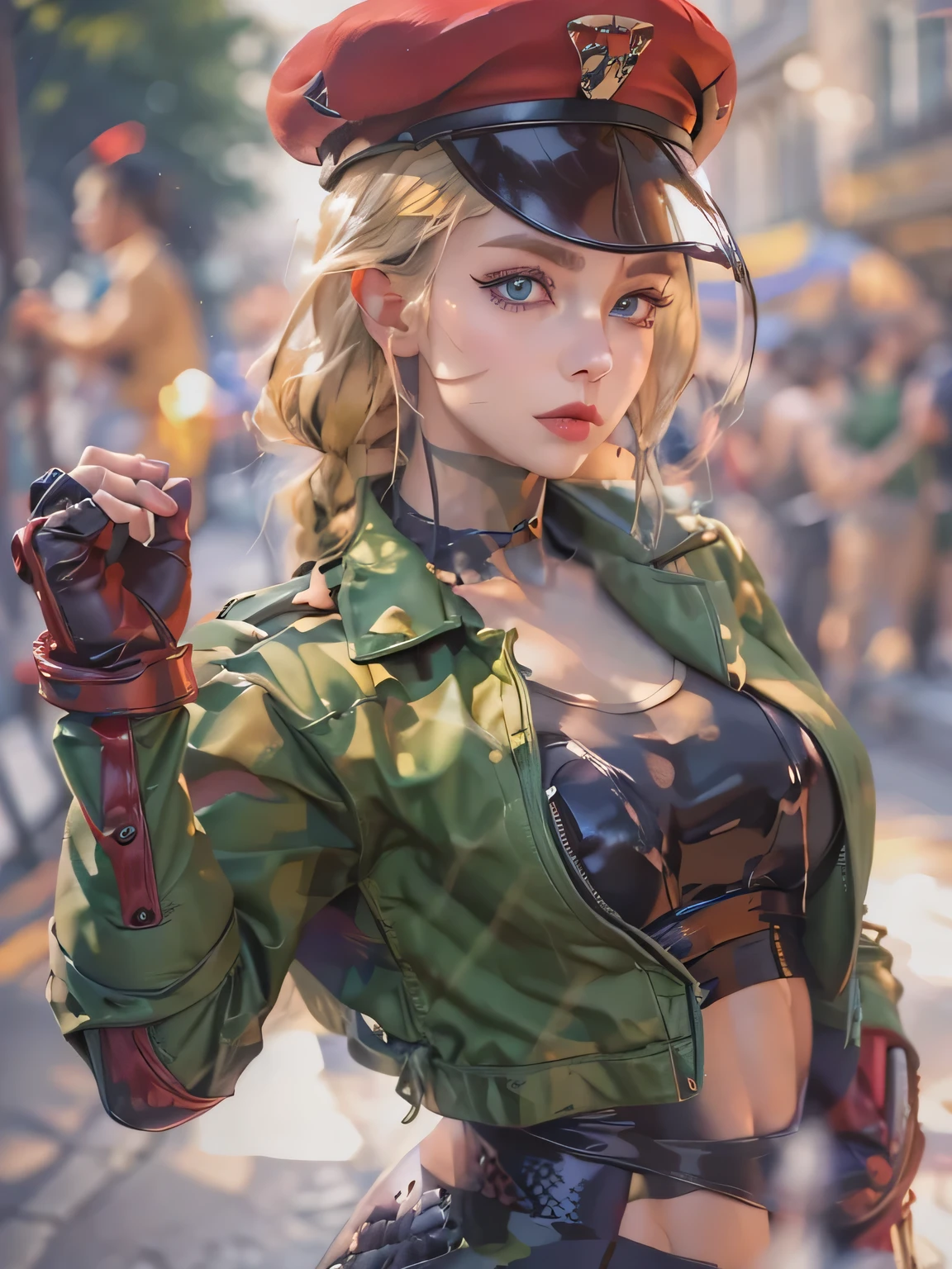 "(exquisitely detailed CG unity 8k wallpaper, masterpiece-quality with stunning realism), (best illumination, best shadow), (best quality), (elegant style:1.2), Arti modern anime. angled view, heroic pose, closeup full body portrait of stunningly beautiful cammy from street fighter, Masterpiece, best quality, highres, mature Cammy white, twin braids, long hair, blonde hair, antenna hair, (red beret headwear:1), blue eyes, scar on cheek, green military leotard, green military skirt, red gloves, fingerless gloves, camouflage, (fully clothed:1), abs, depth of field blur effect, night, full zoom, action portrait, photorealistic. cinematic lighting, highly detailed. best quality, 4k, (Better hand:1), (blonde hair:1) (red nail-polish:1), (red lips:1) (makeup:1) perfect anatomy, leaning forward, foreshortening effects, coy flirty sexy expression, foreshortening effect, (piercing eyes:1), surrounded by an ominous and dark atmosphere, accentuated by dramatic and striking lighting, imbued with a sense of surreal fantasy". (wearing military boots:1), (resting in london city MI6 in the morning:1.3) (wearing a British Military jacket:1) (mature:0.5)