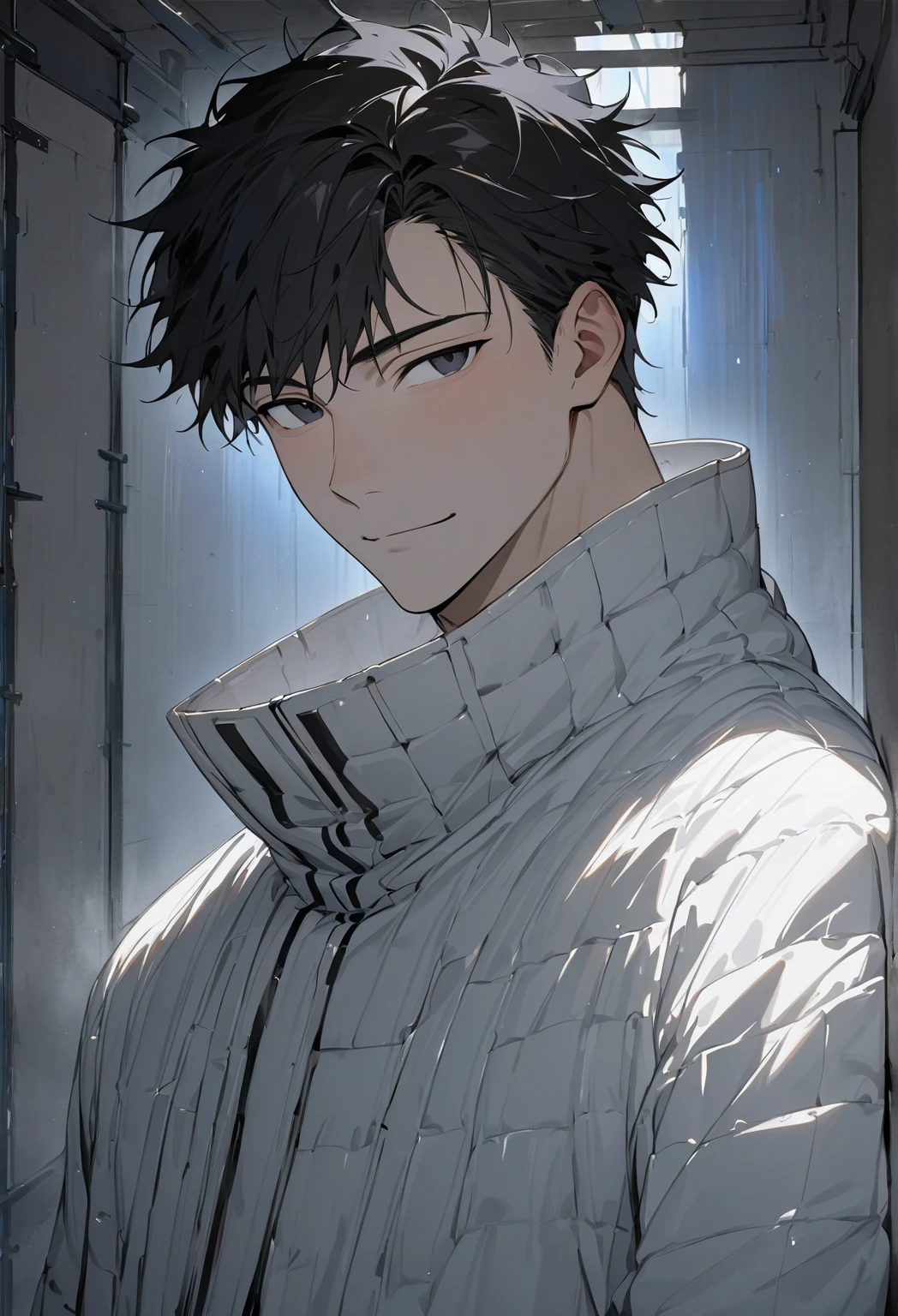 (Masterpiece, high resolution, best quality), solo, 1 male, 20-years old man, masculine face, handsome face, short black hair, black eyes with glow blue, white straight jacket, upper body, looking at viewer, solitary confinement in a mental hospital, light smile, handsome face, masculine face