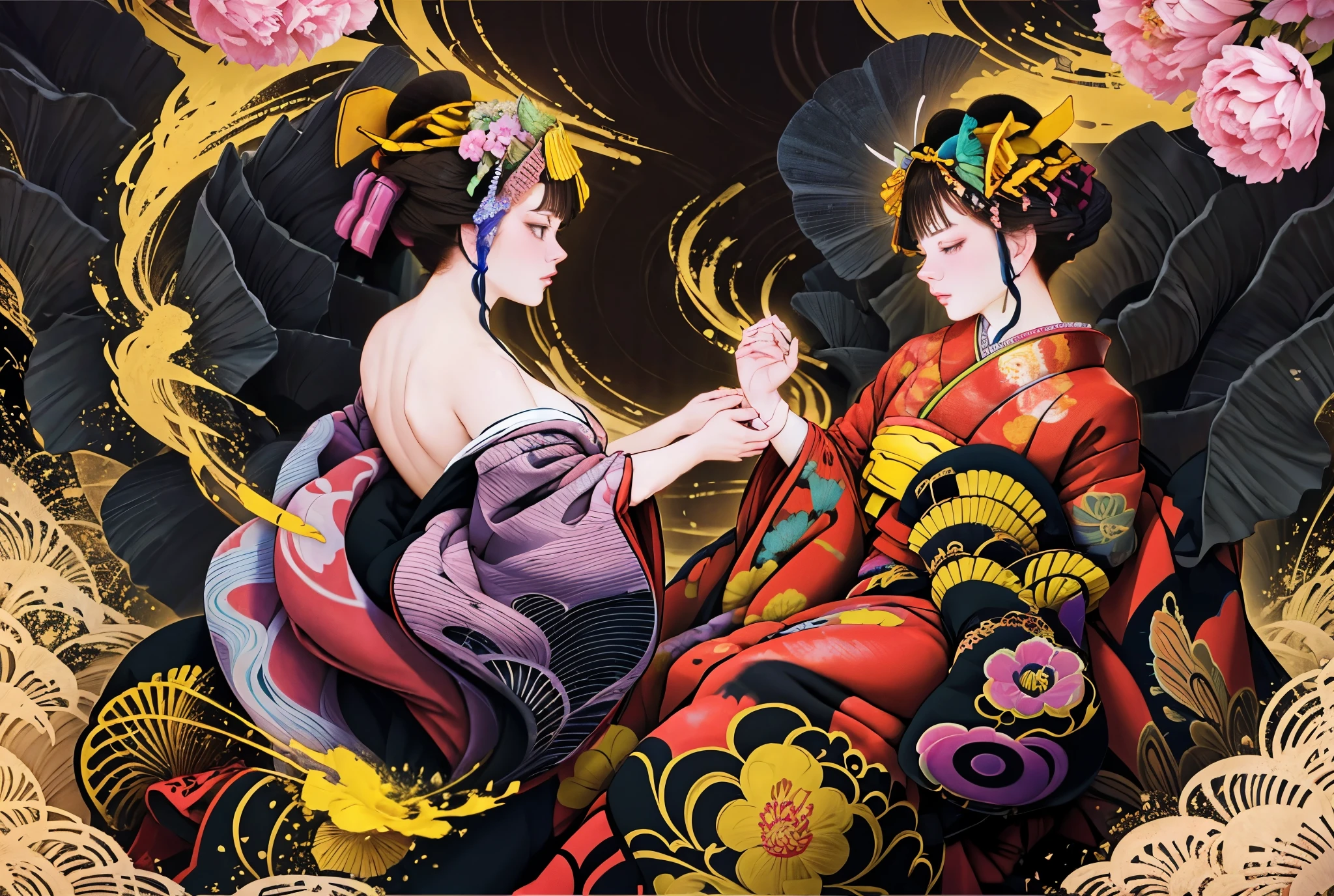 (Masseter muscle part、highest quality、ukiyoe style、Mysterious、beautiful beautiful、male((Japanese, clothing that fits)),ink wash style，pale，watercolor，See-through,black face veil , black nylons , silk stockings ,See-throughの袴， dark purple eyes，navy blue kimono on black　,sheer lingerie,enamel high heels,pearl necklace,,straight,lace long gloves, shortcut,　hair ornaments,　Japanese style room　，crossed legs，navy 黒いenamel high heels,　shiny black stockings