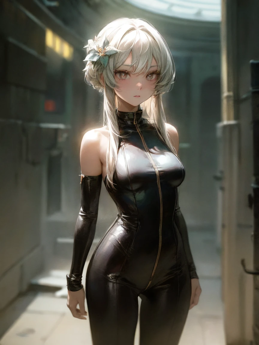 (masterpiece, highest quality:1.2),white hair, bangs, long hair, mole under eye, symbol-shaped pupils, cinematic lighting, chiaroscuro, textured skin, masterpiece, high details, super detail, A scene from a science fiction movie. A soldier who works in a city on a different planet from Earth. Wearing a functional bodysuit. The shoulders and arms are equipped with mechanical parts. young woman., (nsfw) 