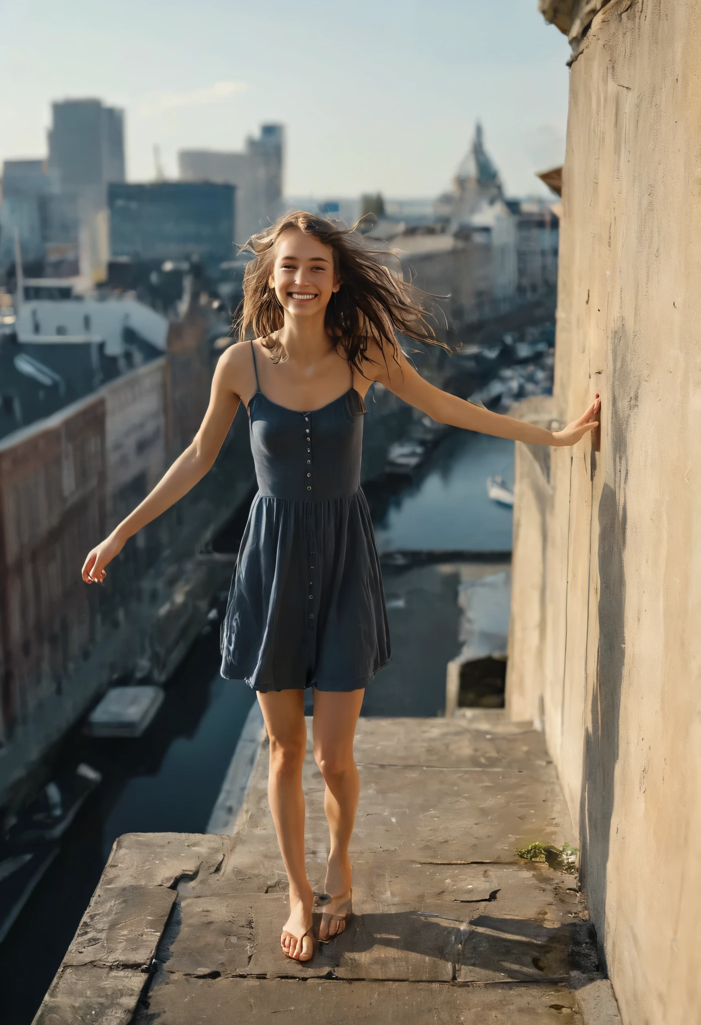 ((masterpiece)),((( best quality))),(( Ultra Detailed )), One girl , Alone, barefoot, standing, building, smile, Floating Hair, Dutch angle, closed mouse, from the public eye , outdoors on the street at night