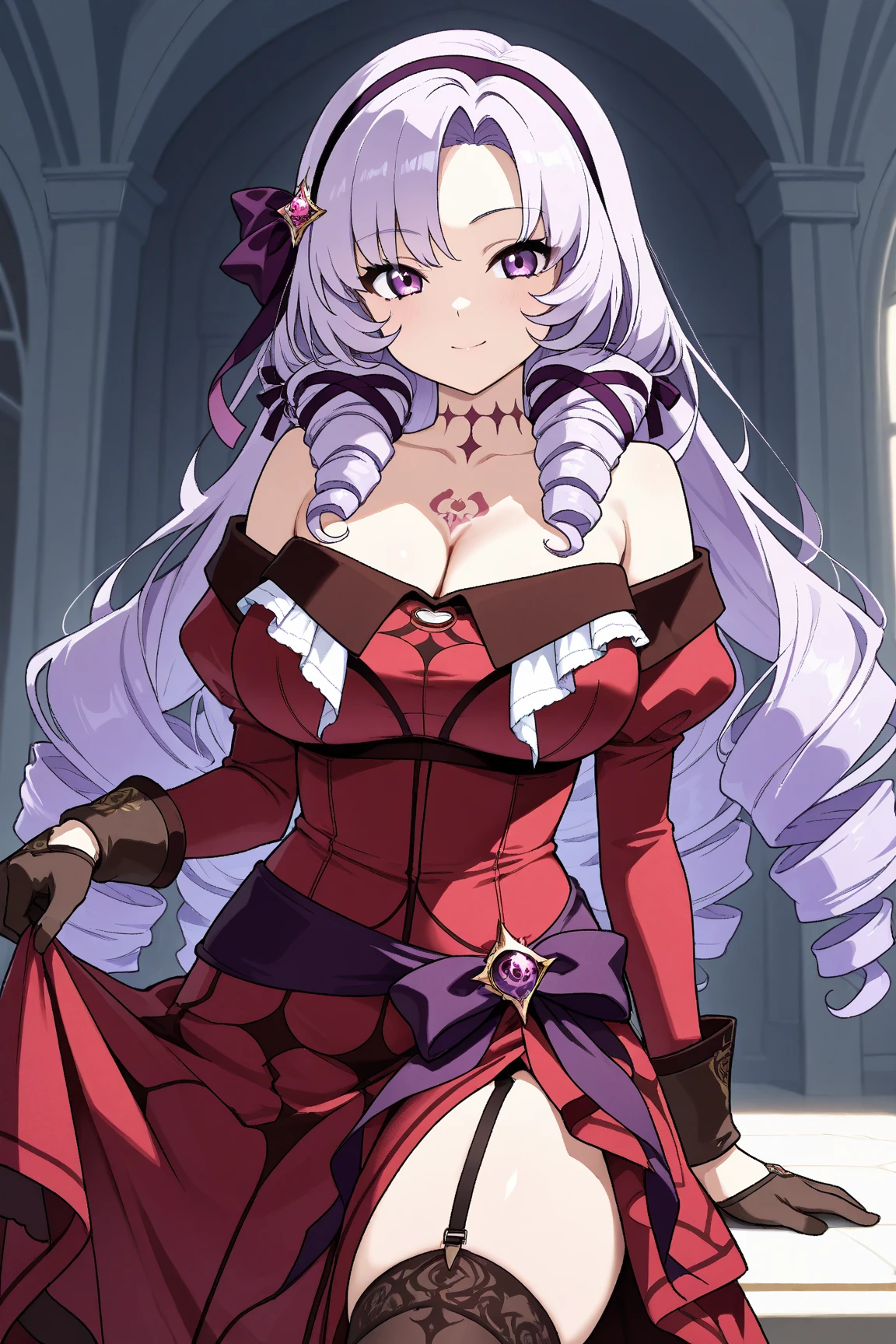 anime coloring,masterpiece,Salome, big body,big breasts,(((( best quality )))),,HS1, purple eyes, bangs, parted bangs, purple hair, light purple hair, long hair, drill hair, tattoo, chest tattoo, ribbon, hair ribbon, purple ribbon, hairband
bare shoulders, dress, red dress, long sleeves, juliet sleeves, gloves, black gloves, garter straps, thighhighs, black thighhighs