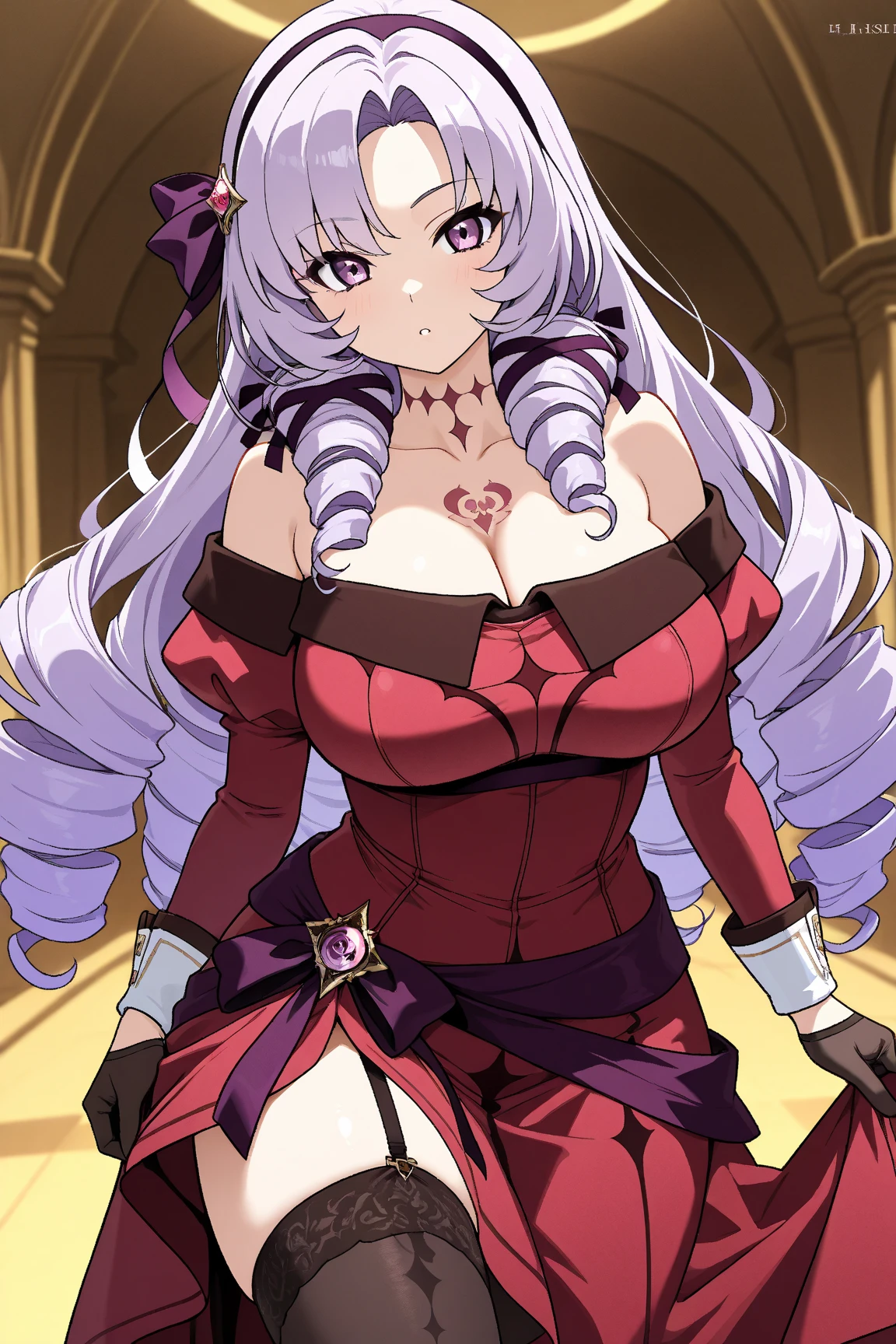 anime coloring,masterpiece,Salome, big body,big breasts,(((( best quality )))),,HS1, purple eyes, bangs, parted bangs, purple hair, light purple hair, long hair, drill hair, tattoo, chest tattoo, ribbon, hair ribbon, purple ribbon, hairband
bare shoulders, dress, red dress, long sleeves, juliet sleeves, gloves, black gloves, garter straps, thighhighs, black thighhighs