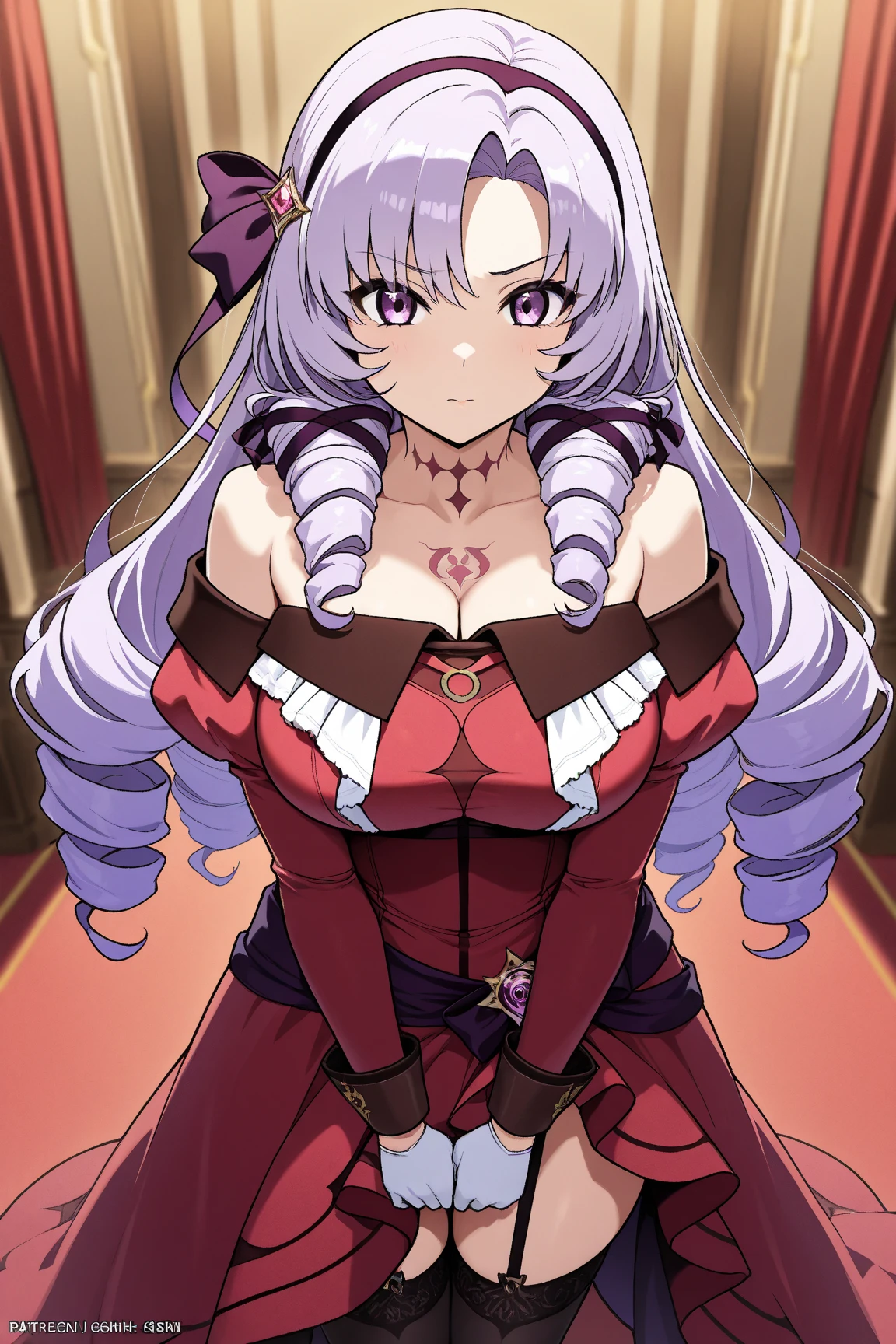 anime coloring,masterpiece,Salome, big body,big breasts,(((( best quality )))),,HS1, purple eyes, bangs, parted bangs, purple hair, light purple hair, long hair, drill hair, tattoo, chest tattoo, ribbon, hair ribbon, purple ribbon, hairband
bare shoulders, dress, red dress, long sleeves, juliet sleeves, gloves, black gloves, garter straps, thighhighs, black thighhighs