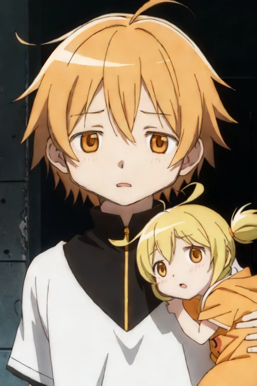 A boy with cute ahoge and dark yellow cute short messy hair and have a dark orange eyes