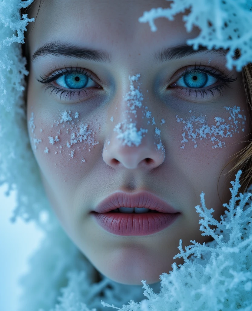 realism, 
Close-up, Rime Ice arafed woman with blue eyes and white frost on her face, ice queen, the ice queen, icy eyes, elsa frozen, ice princess, frost clings to her skin, frostbite, ice-blue-eyes, goddess of winter, freezing blue skin, by Anna Katharina Block, artgerm and patrick demarchelier, wearing ice crystals