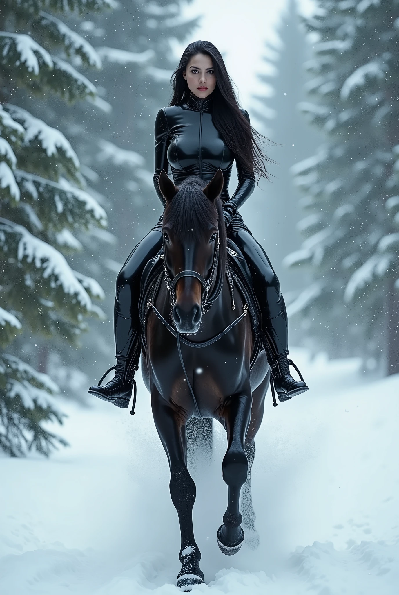 Woman in black riding a horse through a snowy forest - SeaArt AI