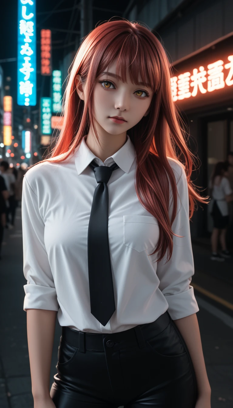 pretty japanese girl,     medium breasts, with healthy appearance ,  The expression would be  ,    tight clothing  , Bold pose, ,        high quality, 8k,          realistic photo       ,         dramatic lighting   ,          vivid colors         ,(         masterpiece         ,           top quality         ,  :1.2),  (         Tokyo scene illuminated by neon lights         ), (Alone:1.4), (           Elegant and cool        ),          Bright neon details          :1.3), (    :1.1) ,           Confident and relaxed poses            :1.3)   , (         dynamic lighting         ,   Strong contrast, makima personagem de chainsawman,       long hair   ,      light red hair , white shirt , black tie,     black pants     ,   black suit,   scare clothes ,,.
