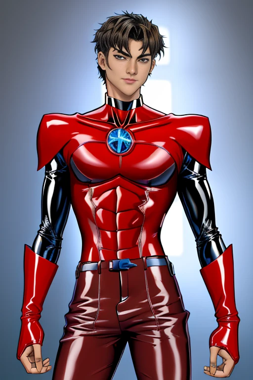  cool latex superhero boy,   teenager  ,   tall  ,  beautiful skin, I'm a superhero 、I have a beautiful body ,  hero costume, An attractive, sober young man  ,  Slim and Muscular  ,  and my skin is tanned