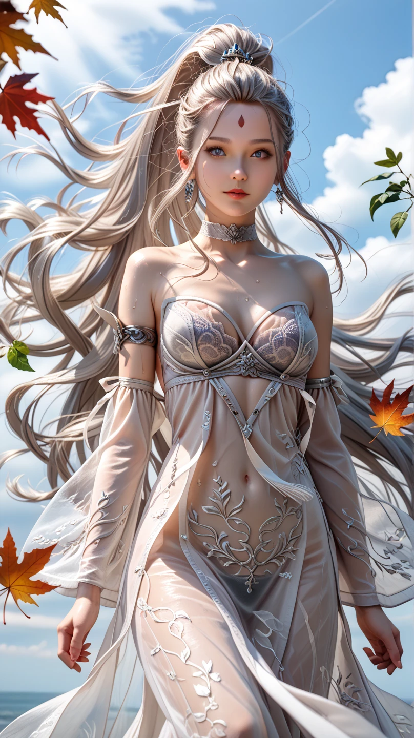 character with silvery white hair, with a slightly sensual pose. The character should have large breasts and the legs should also be very apparent. 
The character's hair sways slightly in the breeze.
The character's breasts sway softly as she breathes.
Young beauty spirit.
In the background, a pine forest lightly covered by snow.