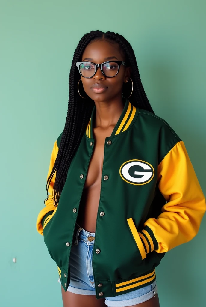 ((masterpiece, best quality)), Black woman with ponytail,in green sweater, ((yellow high cut cotton panties)), in an arena locker-room, photo realistic, intricate details