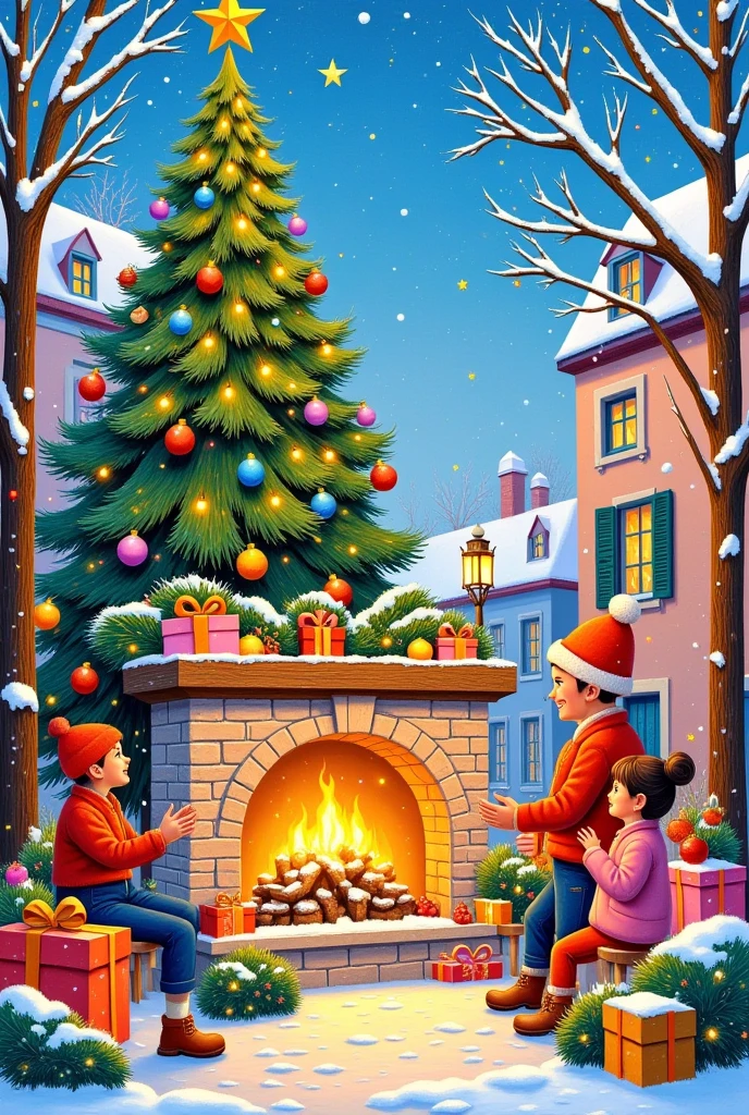 a cozy christmas scene, snow falling outside, warm fireplace, happy people, oil painting, thick brushstrokes, textured, photorealistic, 8k, highly detailed, vibrant colors, dramatic lighting, winter, festive, joyful mood, cinematic