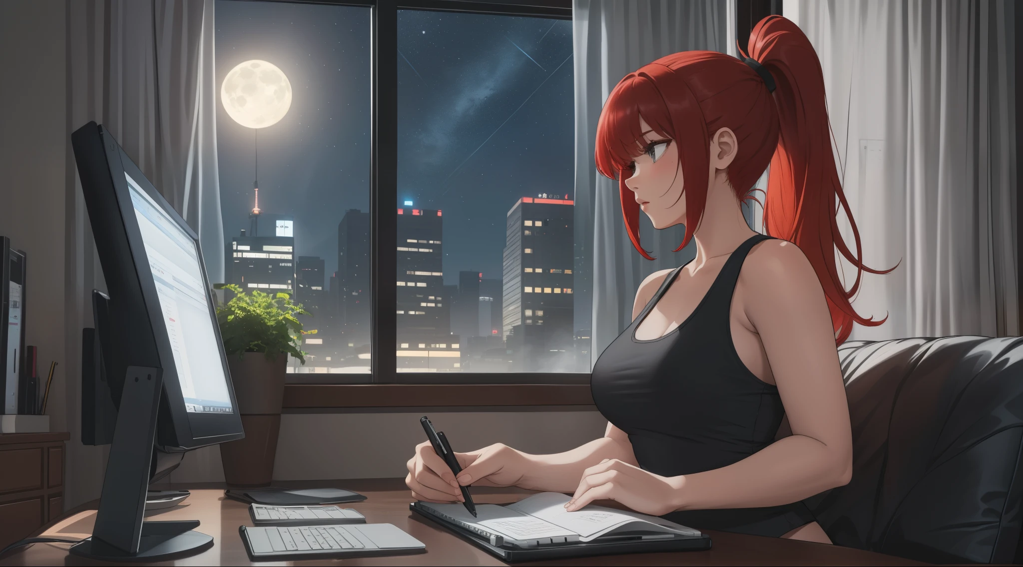 "A young woman with red hair tied in a ponytail is sitting in front of a computer screen, deeply focused on coding. The camera angle captures her from the side, showcasing her white tank top and black leggings. The desk is tidy, holding a steaming cup of coffee next to the keyboard, while a few organized items, such as notebooks and a pen holder, rest nearby. The background reveals a large window with a nighttime cityscape, illuminated by a soft moonlight glow and scattered stars. A slight breeze flows through the sheer curtains, adding movement to the scene. The room's warm lighting contrasts beautifully with the cool tones of the night outside. Her posture is relaxed yet engaged, highlighting her dedication to her work."