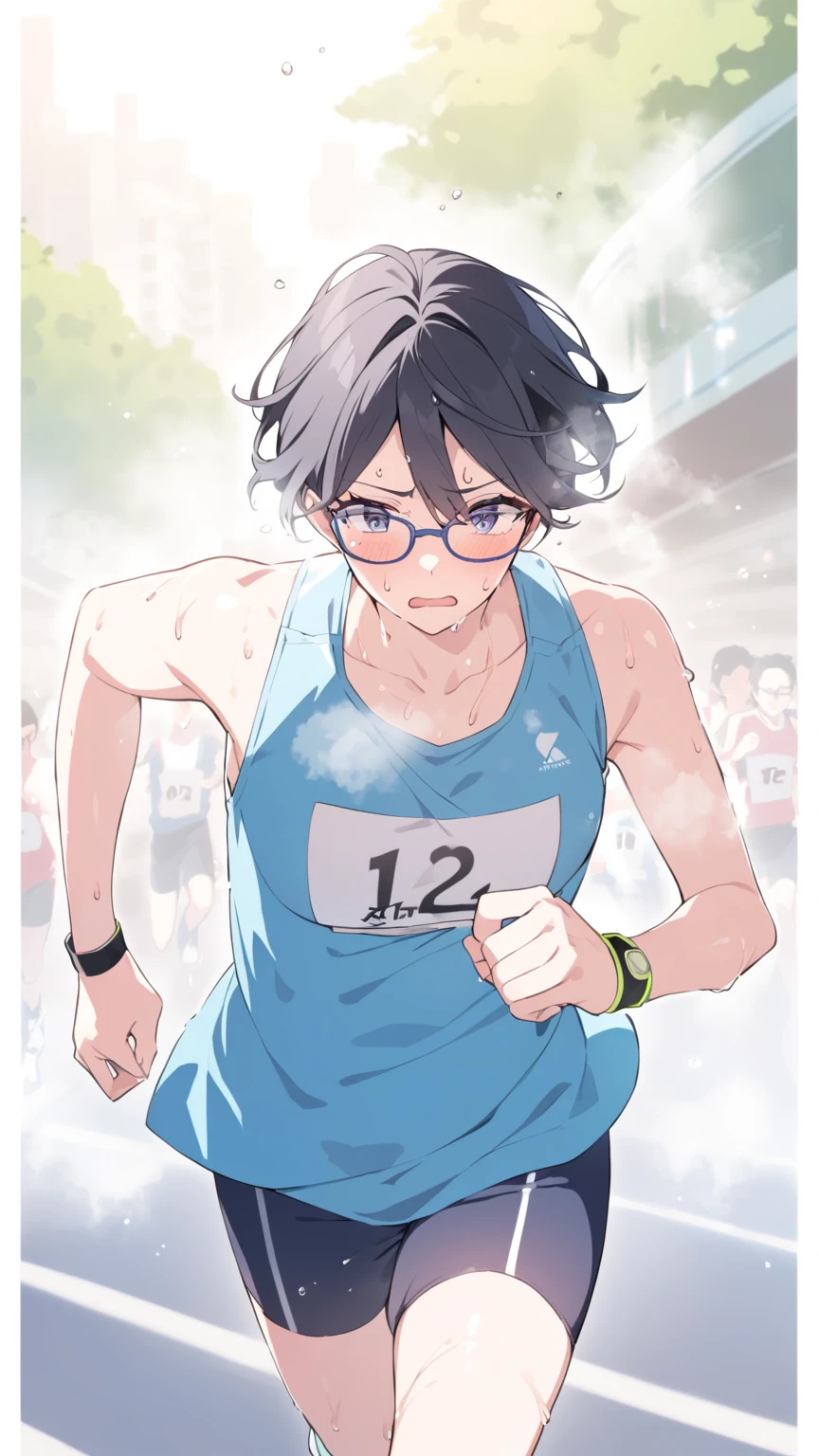 Black hair, glasses, marathon running, sweaty, steam coming off body