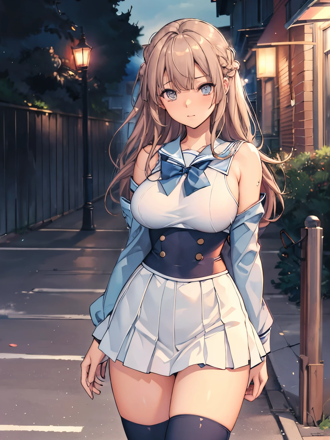 masterpiece,  top quality ,  High Definition ,   long hair,  Fitted Sailor Suit、 College Student 、 miniskirt、 light blue bra、Light blue panties、 standing,  cowboy shot showing shoulders,  outdoors on the street at night,  ahehe,nsfw,Meaty thighs、 Big Breasts 、 embarrassed expression、 sexy、 plump body、Over Knee High Stockings 、 full body shot 