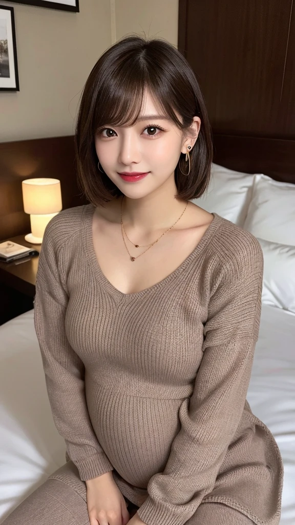 Selfie、sofa、 Wear warm clothes、indoor、Very short hair、Berry Shortcut、Highest quality, figure, Super detailed, In detail, High resolution, 8k wallpaper, Perfect dynamic composition, Beautiful attention to detail, dress,Medium Hair, Small breasts、Natural color lip, Random sexy poses,smile,24-years-old