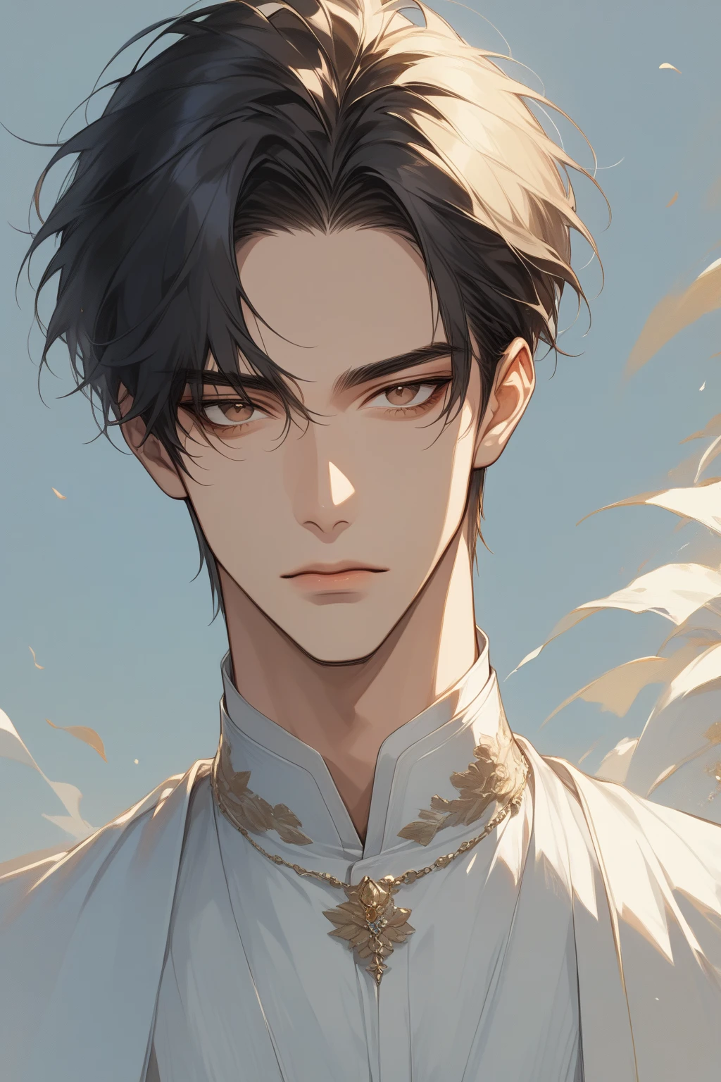 (score_9, score_8_up), short hair, masterpiece, best quality, 1 man , black hair , perfect face , brown eye , handsome male , Alone, adult male , upper body , delicate line drawingimpasto, masterpiece, high resolution, Top quality, unique , 1 male , nice , tanned skin , blonde haired, villain