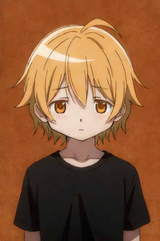 A boy with cute ahoge and dark yellow cute short messy hair and have a dark orange eyes and wearing a black shirt