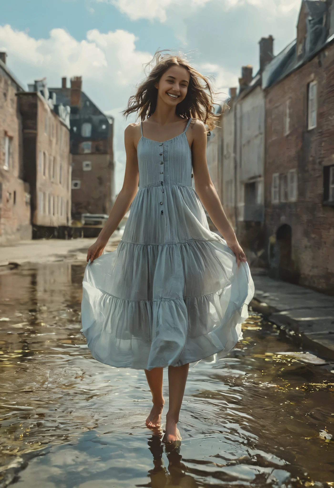 ((masterpiece)),((( best quality))),(( Ultra Detailed )), One girl , Alone, barefoot,  standing,  building, smile, Floating Hair,  Dutch angle,   closed mouse,  from the public eye ,  outdoors on the street at night