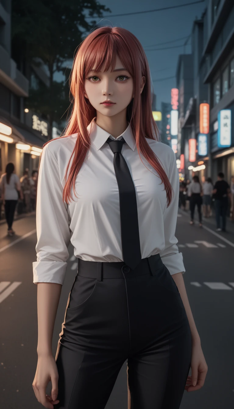 pretty japanese girl,      medium breasts, with healthy appearance ,  The expression would be   ,    tight clothes  , Bold pose, ,         high quality, 8k,           realistic photo        ,          dramatic lighting    ,           vivid colors          ,(          masterpiece          ,            top quality          ,  :1.2),  (         Tokyo scene illuminated at night        ), (Alone:1.4), (            Elegant and cool         ),           Bright neon details           :1.3), (    :1.1) ,            Confident and relaxed poses             :1.3)   , (          dynamic lighting          ,   Strong contrast, makima personagem de chainsawman,         long hair   ,       light red hair , white shirt , black tie,      black pants      ,   black suit,    scare clothes .
