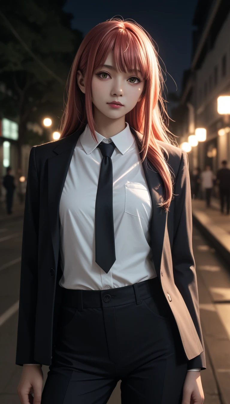 pretty japanese girl,      medium breasts, with healthy appearance ,  The expression would be   ,    tight clothes  , Bold pose, ,         high quality, 8k,           realistic photo        ,          dramatic lighting    ,           vivid colors          ,(          masterpiece          ,            top quality          ,  :1.2),  (         Tokyo scene illuminated at night        ), (Alone:1.4), (            Elegant and cool         ),           Bright neon details           :1.3), (    :1.1) ,            Confident and relaxed poses             :1.3)   , (          dynamic lighting          ,   Strong contrast, makima personagem de chainsawman,         long hair   ,       light red hair , white shirt , black tie,      black pants      ,   black suit,    scare clothes .
