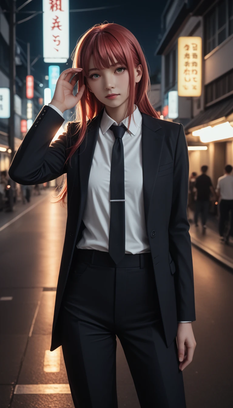 pretty japanese girl,      medium breasts, with healthy appearance ,  The expression would be   ,    tight clothes  , Bold pose, ,         high quality, 8k,           realistic photo        ,          dramatic lighting    ,           vivid colors          ,(          masterpiece          ,            top quality          ,  :1.2),  (         Tokyo scene illuminated at night        ), (Alone:1.4), (            Elegant and cool         ),           Bright neon details           :1.3), (    :1.1) ,            Confident and relaxed poses             :1.3)   , (          dynamic lighting          ,   Strong contrast, makima personagem de chainsawman,         long hair   ,       light red hair , white shirt , black tie,      black pants      ,   black suit,    scare clothes .
