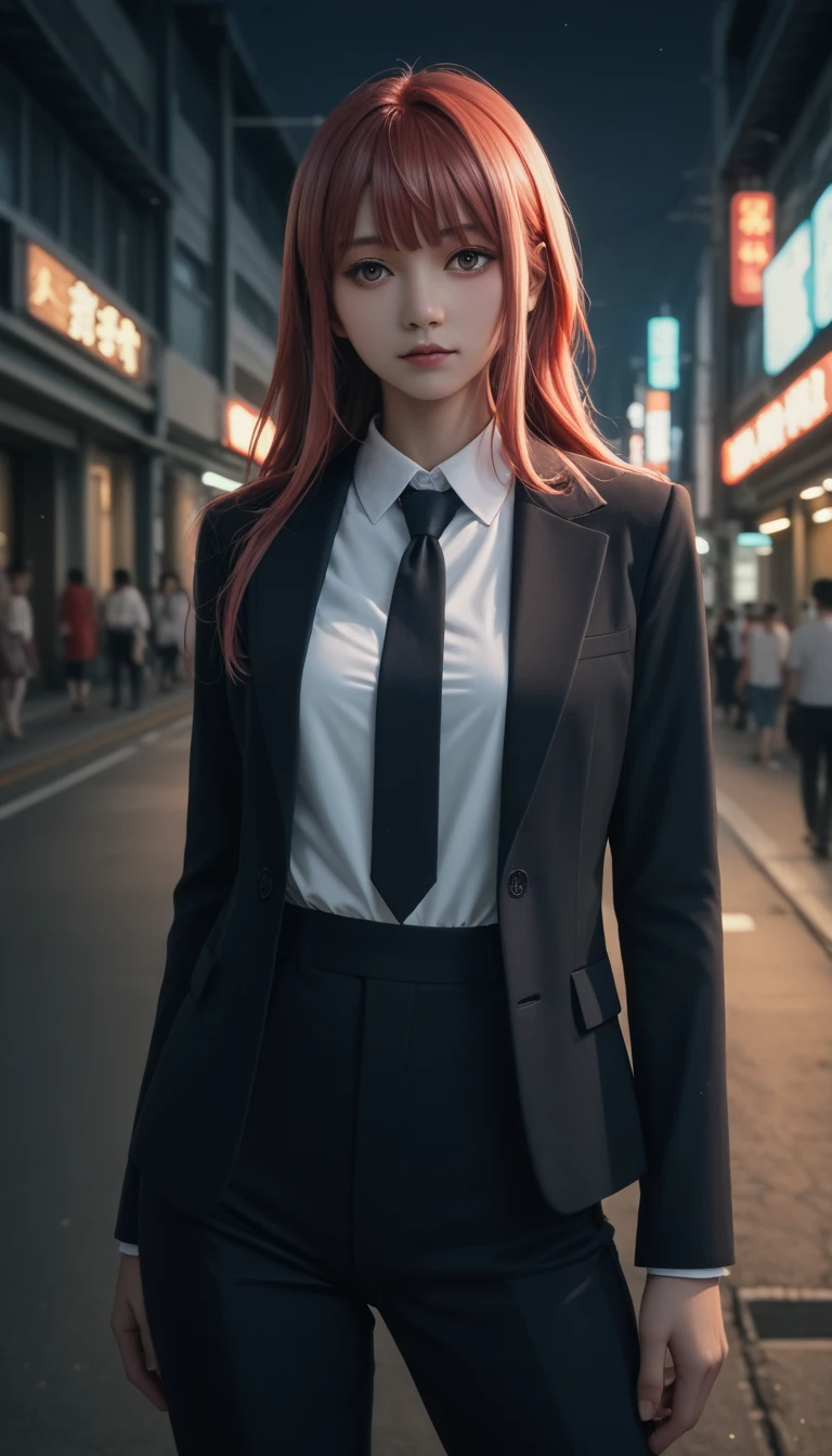 pretty japanese girl,      medium breasts, with healthy appearance ,  The expression would be   ,    tight clothes  , Bold pose, ,         high quality, 8k,           realistic photo        ,          dramatic lighting    ,           vivid colors          ,(          masterpiece          ,            top quality          ,  :1.2),  (         Tokyo scene illuminated at night        ), (Alone:1.4), (            Elegant and cool         ),           Bright neon details           :1.3), (    :1.1) ,            Confident and relaxed poses             :1.3)   , (          dynamic lighting          ,   Strong contrast, makima personagem de chainsawman,         long hair   ,       light red hair , white shirt , black tie,      black pants      ,   black suit,    scare clothes .
