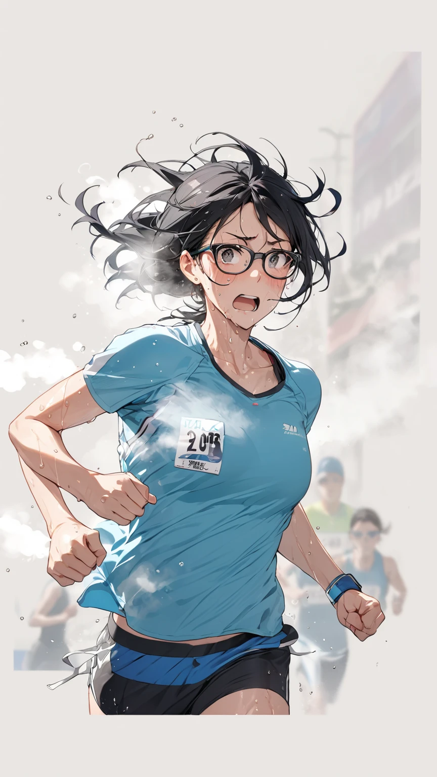 Black hair, glasses, marathon running, sweaty, steam coming off body